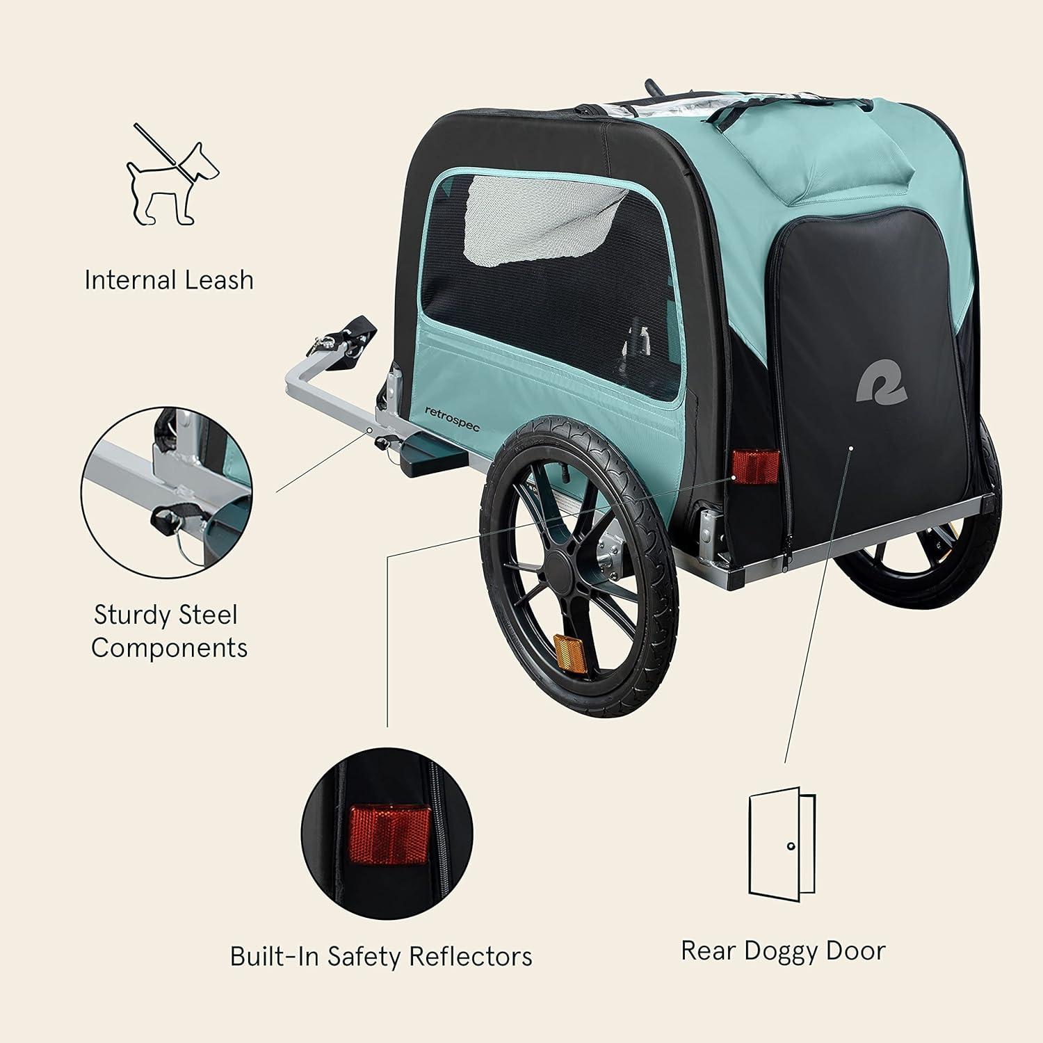 Retrospec Rover Waggin’ Pet and Dog Bike Trailer with Weather-Resistant Canopy & Mesh Shield – Foldable Frame, 16in Wheels with Storage Pouch & Internal Safety Leash Supports up to 50 lbs(Blue Ridge)