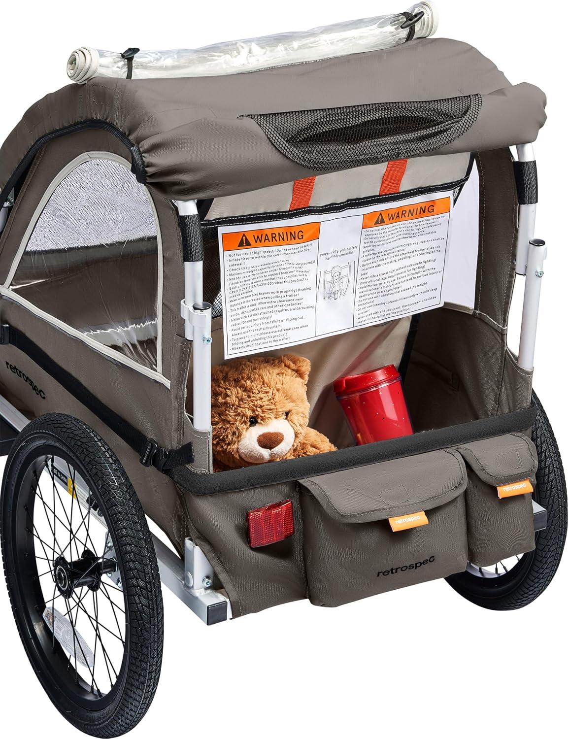 Retrospec Rover Plus Foldable Bike Trailer for Kids, Single/Double Passenger Child Bike Trailer with 5-Point Safety Harness, Reflective, Weather-Resistant Fabric and Safety Flag – Supports 40-80 lbs(Basalt)