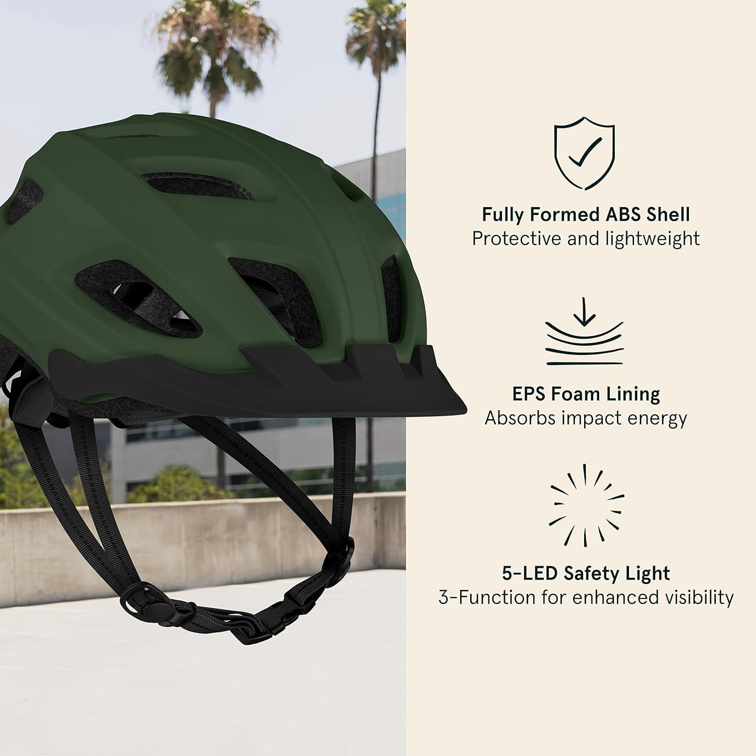 Retrospec Lennon Adult Bike Helmet with LED Safety Light Adjustable Dial & Removable Visor – Adjustable Bicycle Cycling Helmet for Men & Women(Matte Forest)