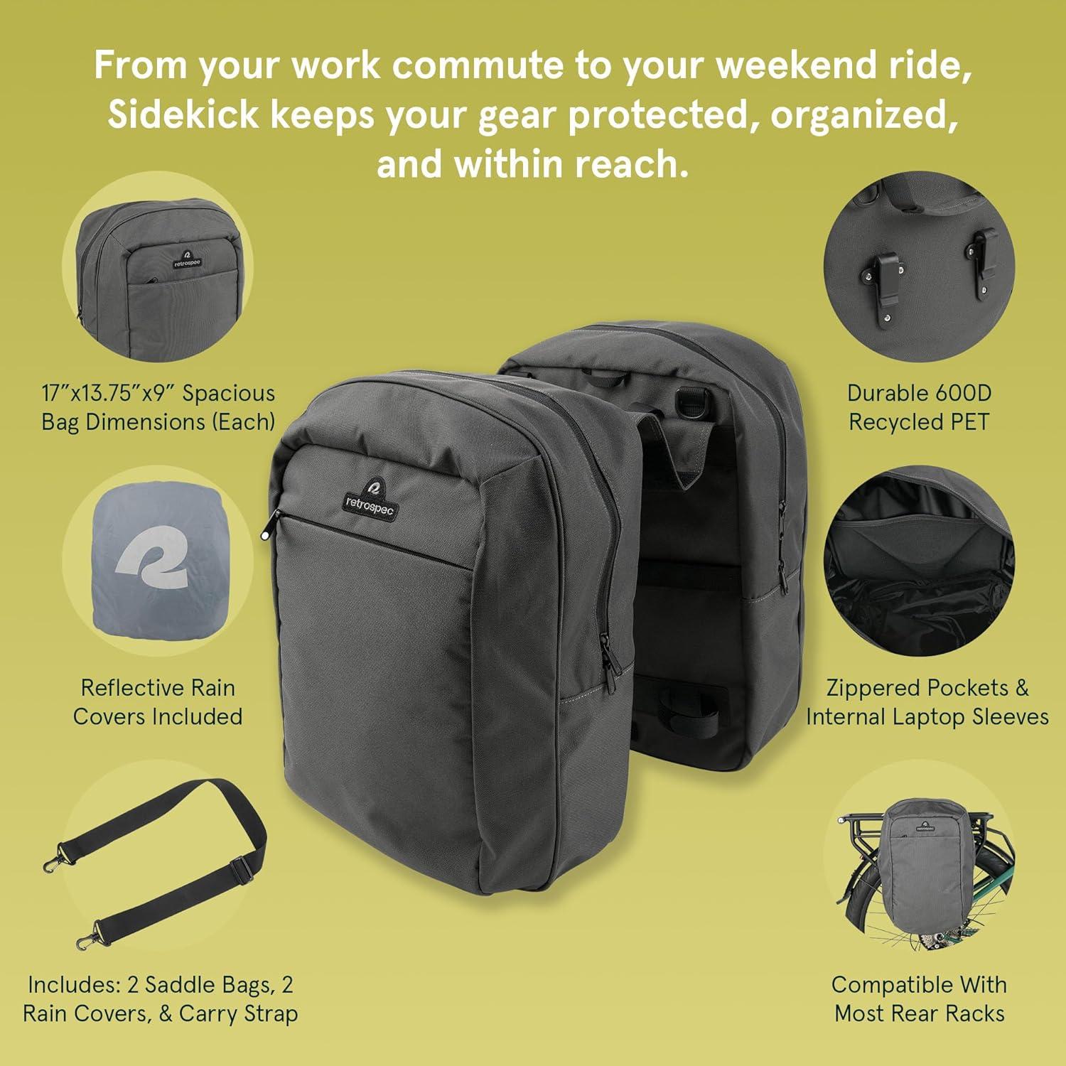 Retrospec Sidekick Single & Dual Pannier Bike Bag – Waterproof Commuter Pannier with Laptop Sleeve, Reflective Rain Cover & Carry Strap – Eco-Friendly 600D rPET – 17″ Large Capacity(Dual)