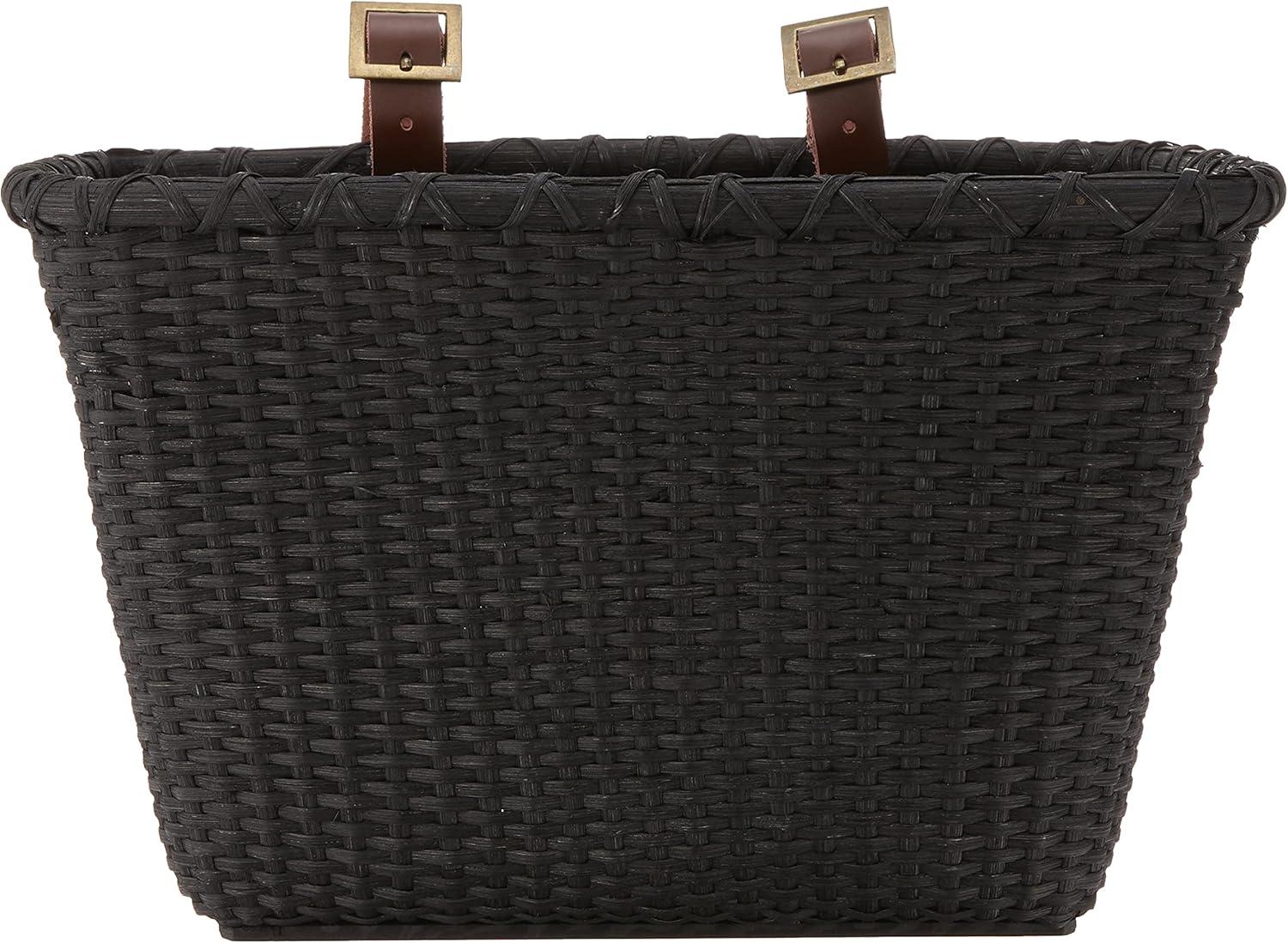 Cane Woven Rectangular Toto Basket with Authentic Leather Straps and Brass Buckles(Black)