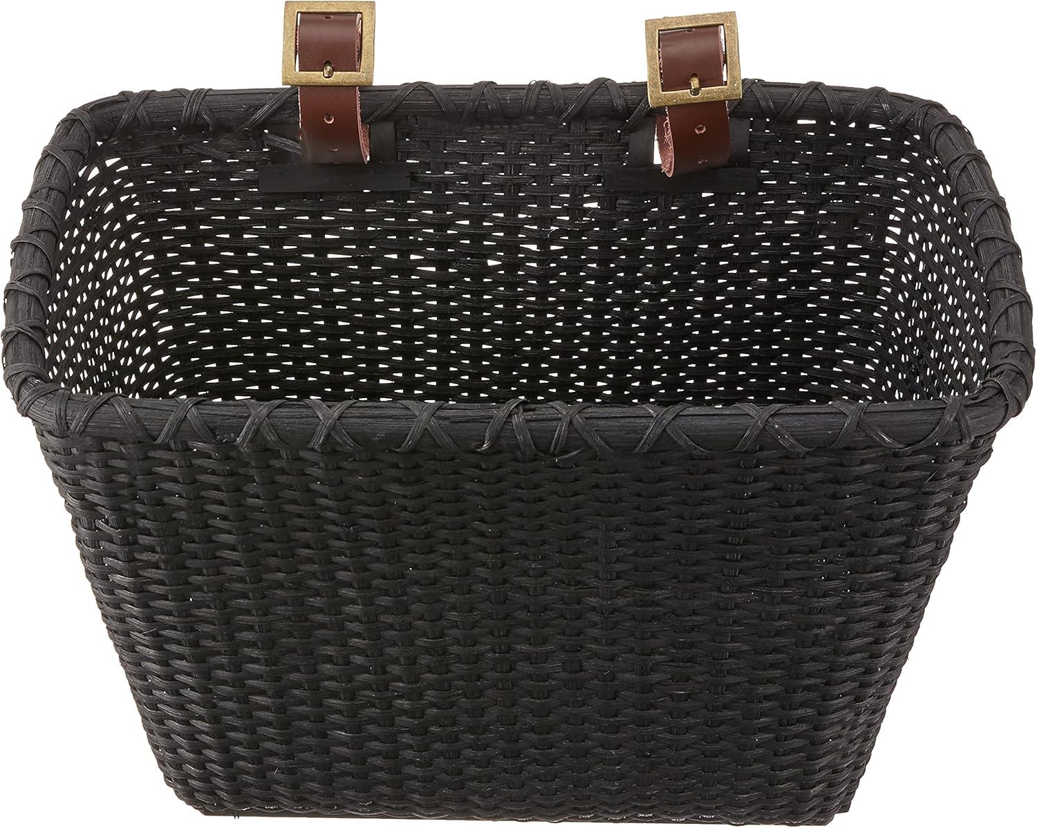 Cane Woven Rectangular Toto Basket with Authentic Leather Straps and Brass Buckles(Black)