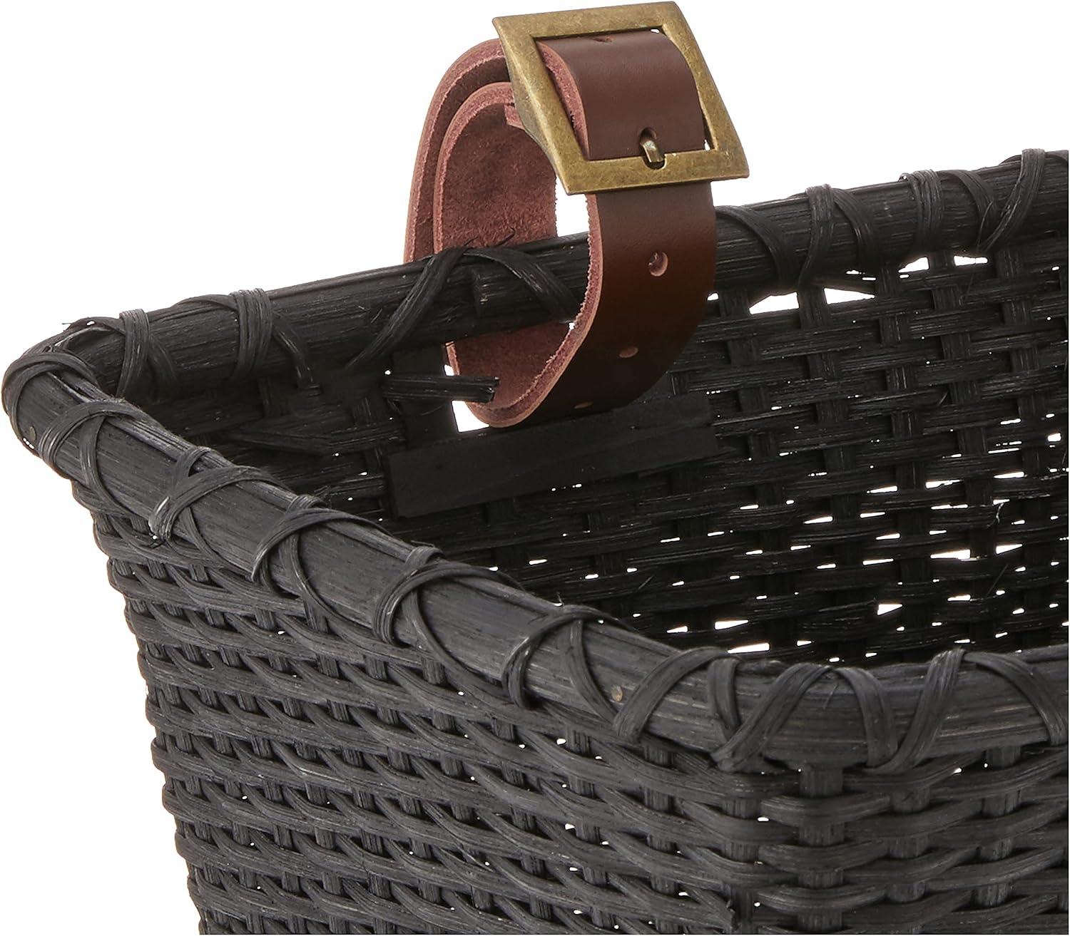 Cane Woven Rectangular Toto Basket with Authentic Leather Straps and Brass Buckles(Black)