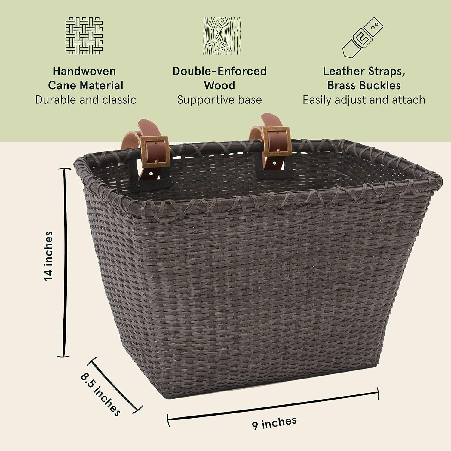 Cane Woven Rectangular Toto Basket with Authentic Leather Straps and Brass Buckles(Black)