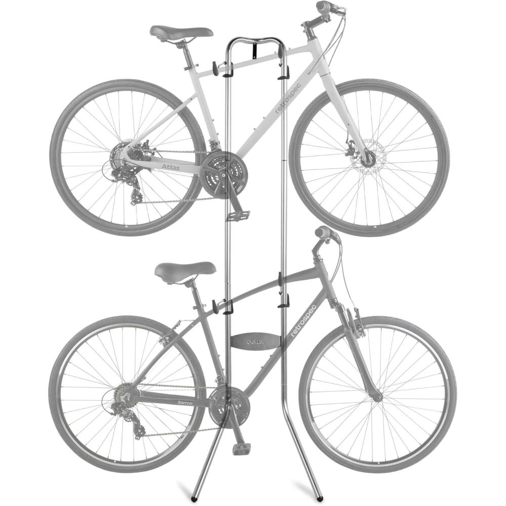 Retrospec Double Decker Vertical Garage Bike Rack – Free Standing Floor Storage Stand for 2 Bikes, 80lb Capacity, No Drilling Required – Adjustable Arms & Rubber Bumpers(Silver)