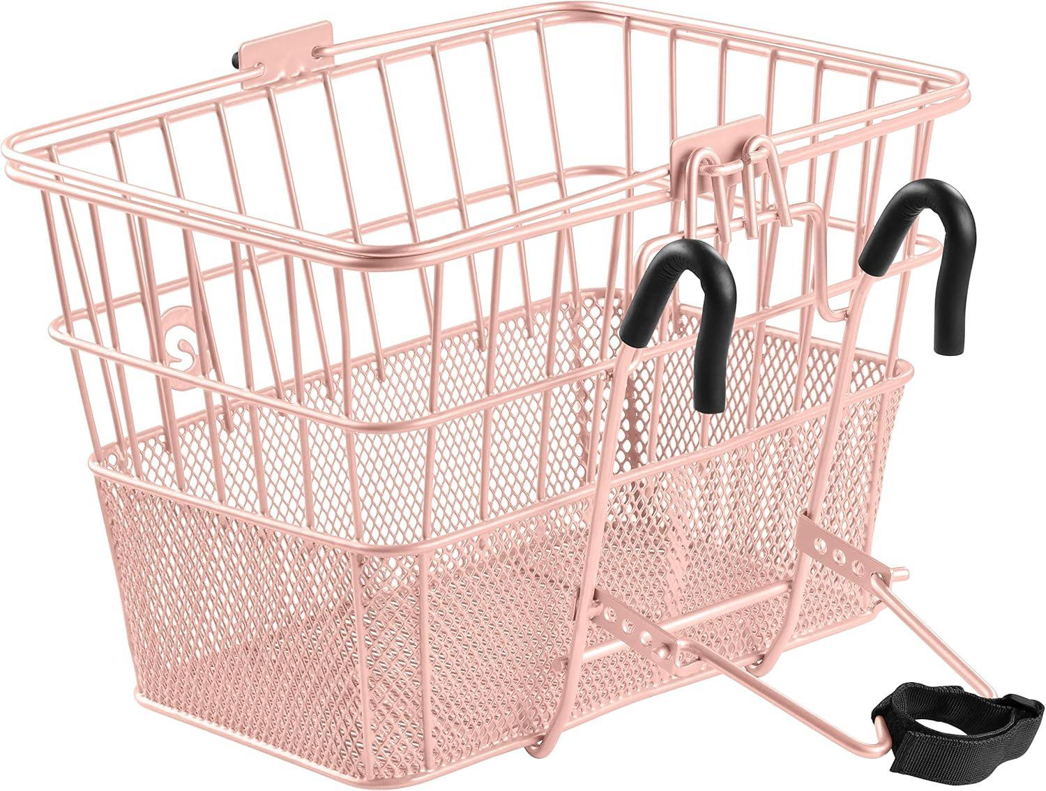 Retrospec Apollo Detachable Front Bike Basket Steel Half-Mesh with Integrated Detachable Hooks and Built-In Handle, Easy Assembly and Portability for Bicycles(Blush)