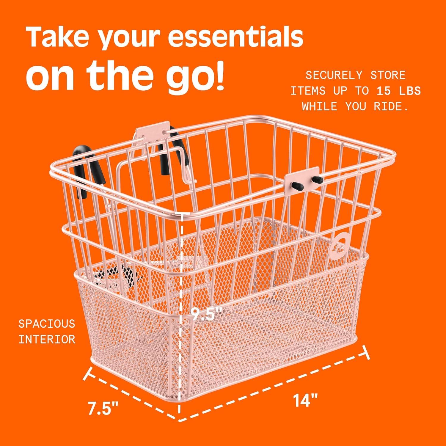 Retrospec Apollo Detachable Front Bike Basket Steel Half-Mesh with Integrated Detachable Hooks and Built-In Handle, Easy Assembly and Portability for Bicycles(Blush)