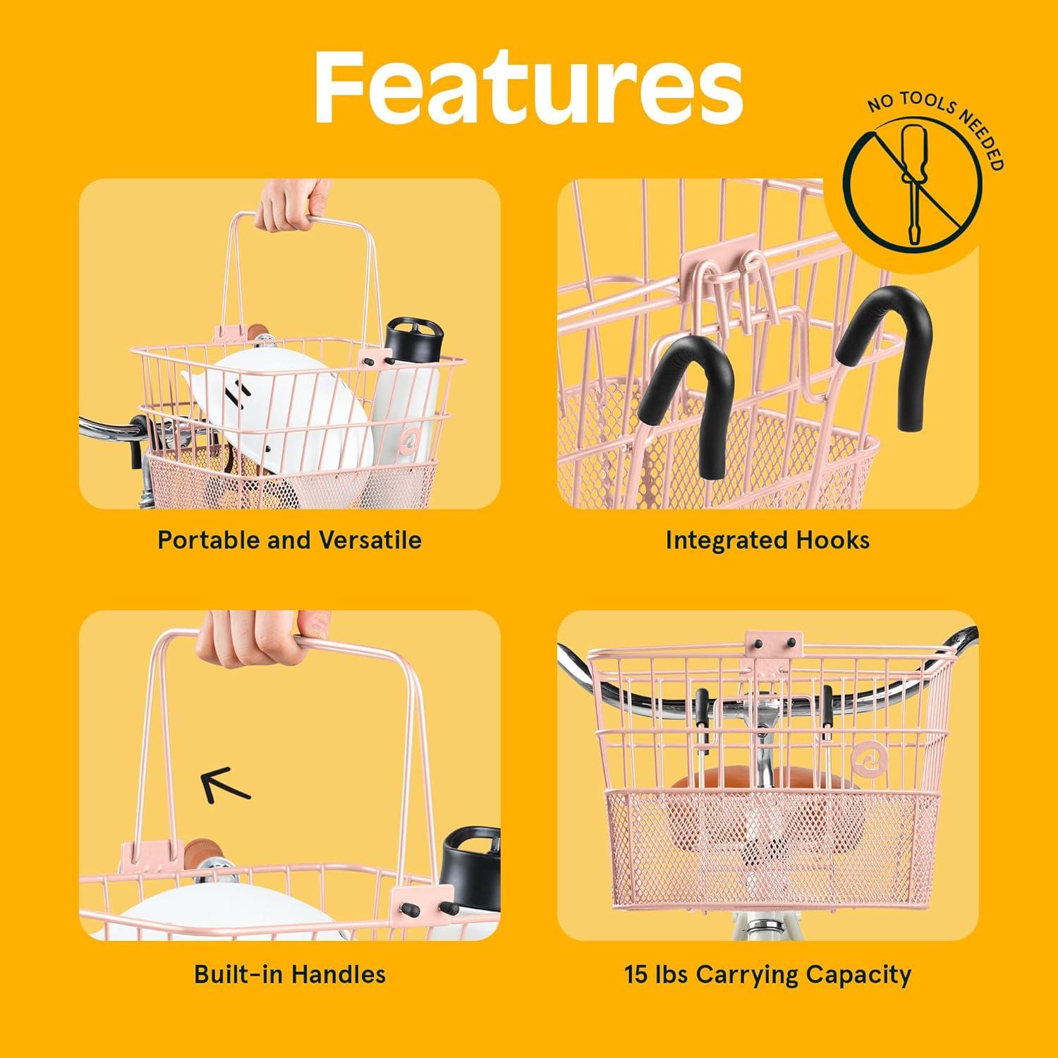 Retrospec Apollo Detachable Front Bike Basket Steel Half-Mesh with Integrated Detachable Hooks and Built-In Handle, Easy Assembly and Portability for Bicycles(Blush)