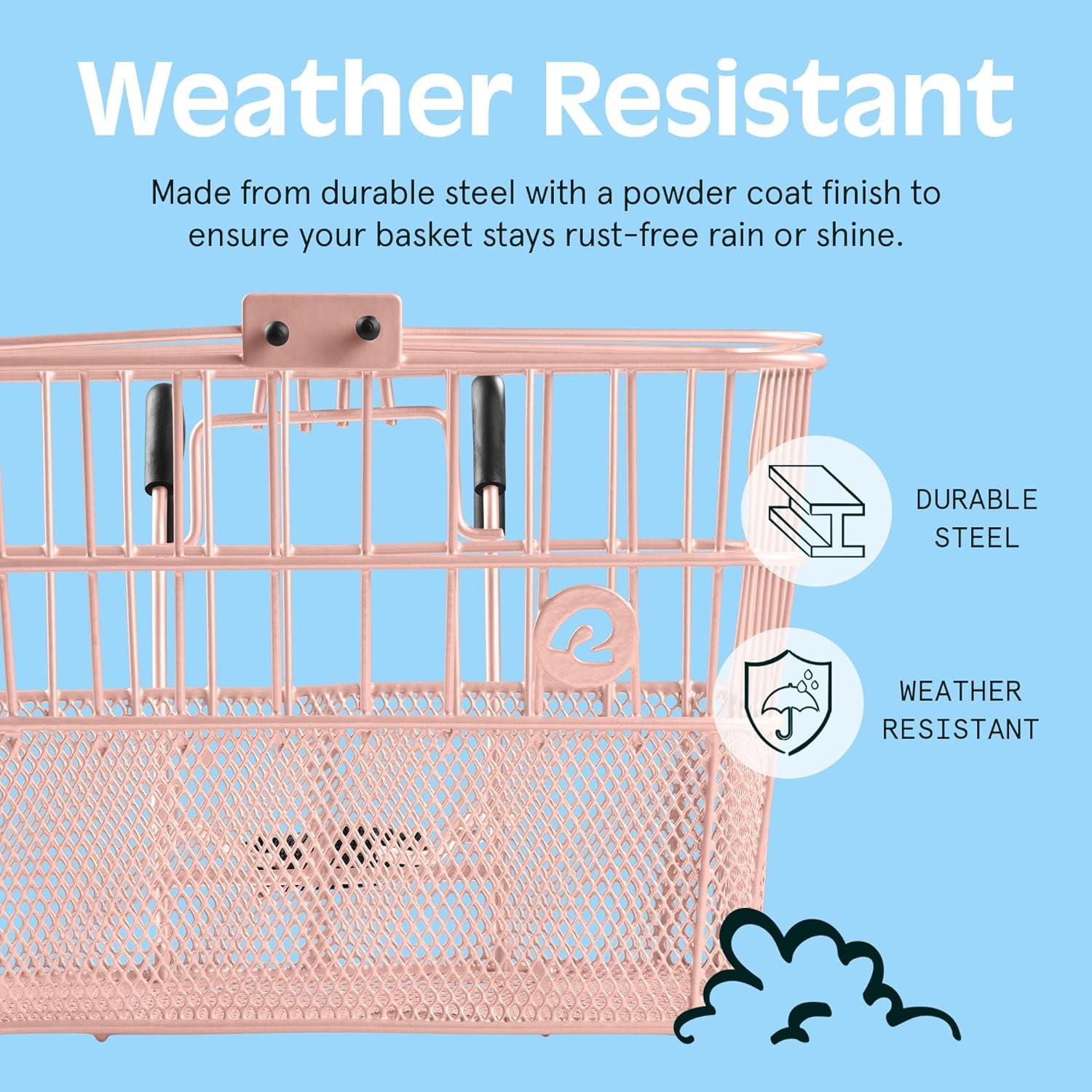 Retrospec Apollo Detachable Front Bike Basket Steel Half-Mesh with Integrated Detachable Hooks and Built-In Handle, Easy Assembly and Portability for Bicycles(Blush)