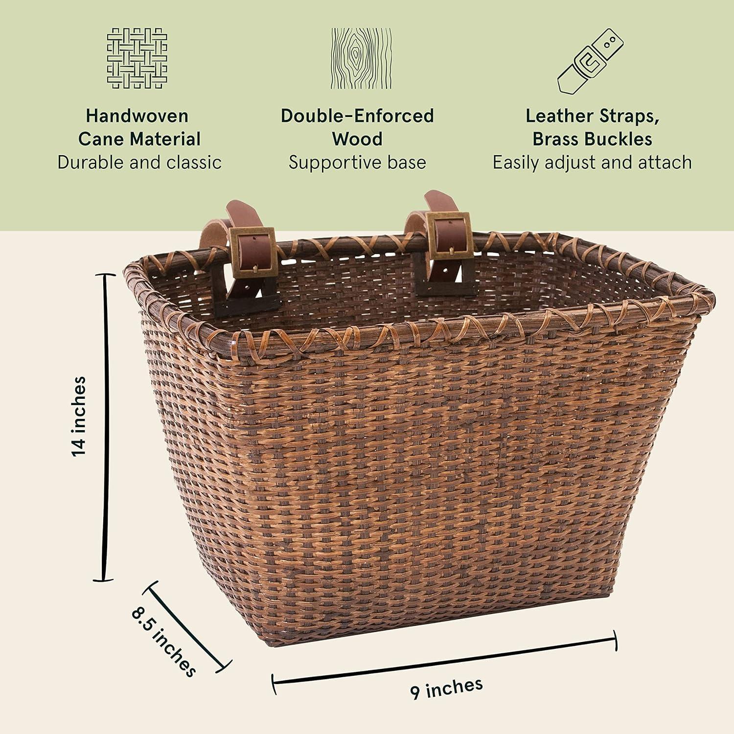 Cane Woven Rectangular Toto Basket with Authentic Leather Straps and Brass Buckles(Dark Stain)