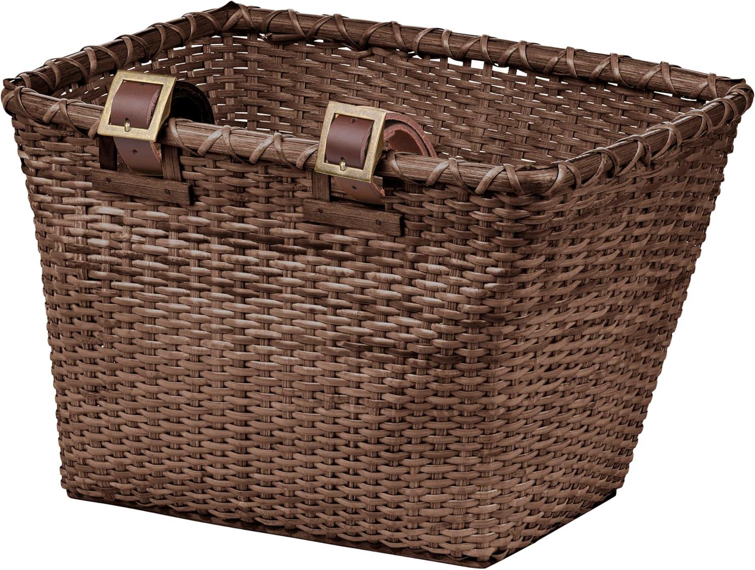 Cane Woven Rectangular Toto Basket with Authentic Leather Straps and Brass Buckles(Dark Stain)