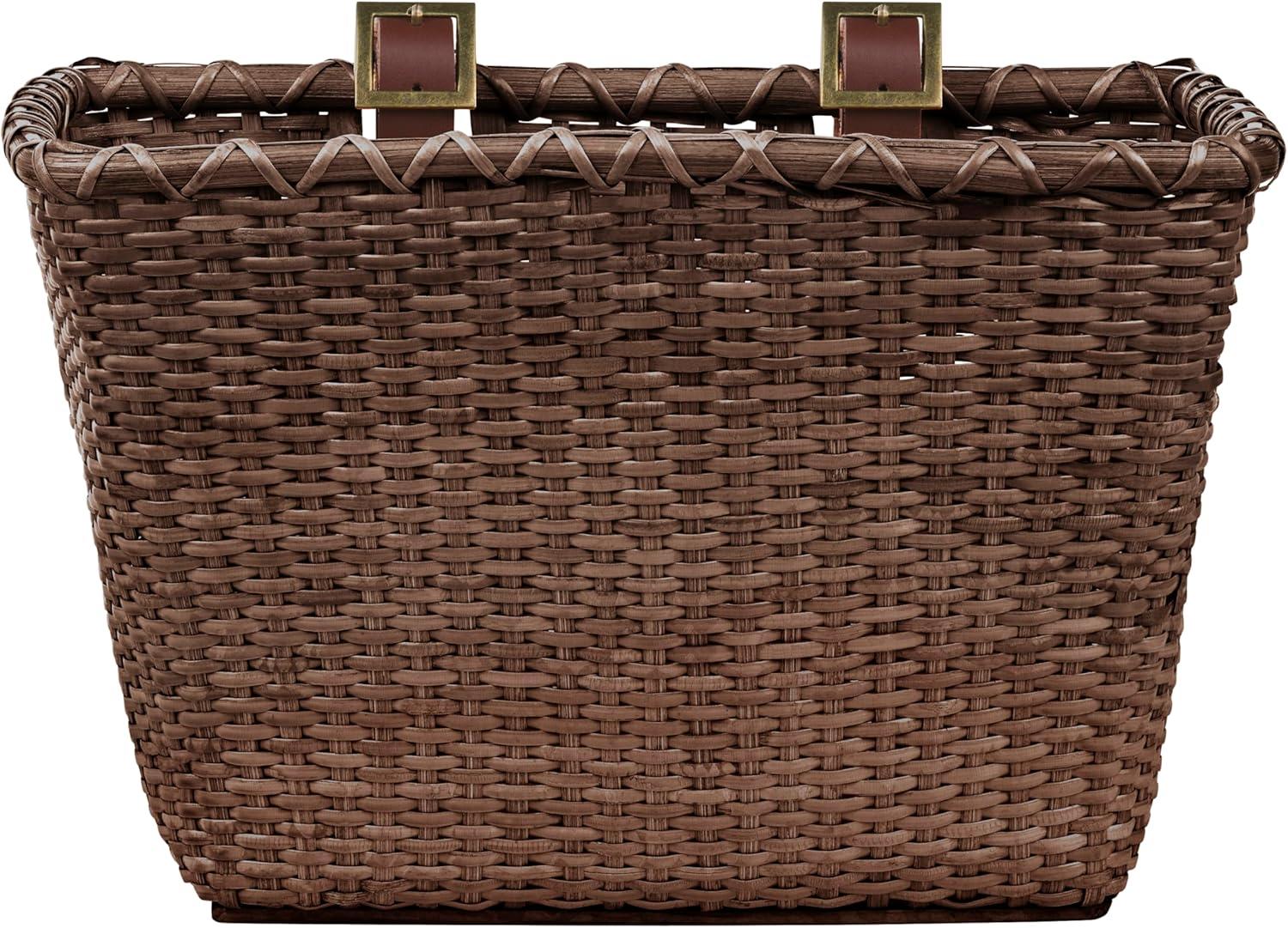 Cane Woven Rectangular Toto Basket with Authentic Leather Straps and Brass Buckles(Dark Stain)