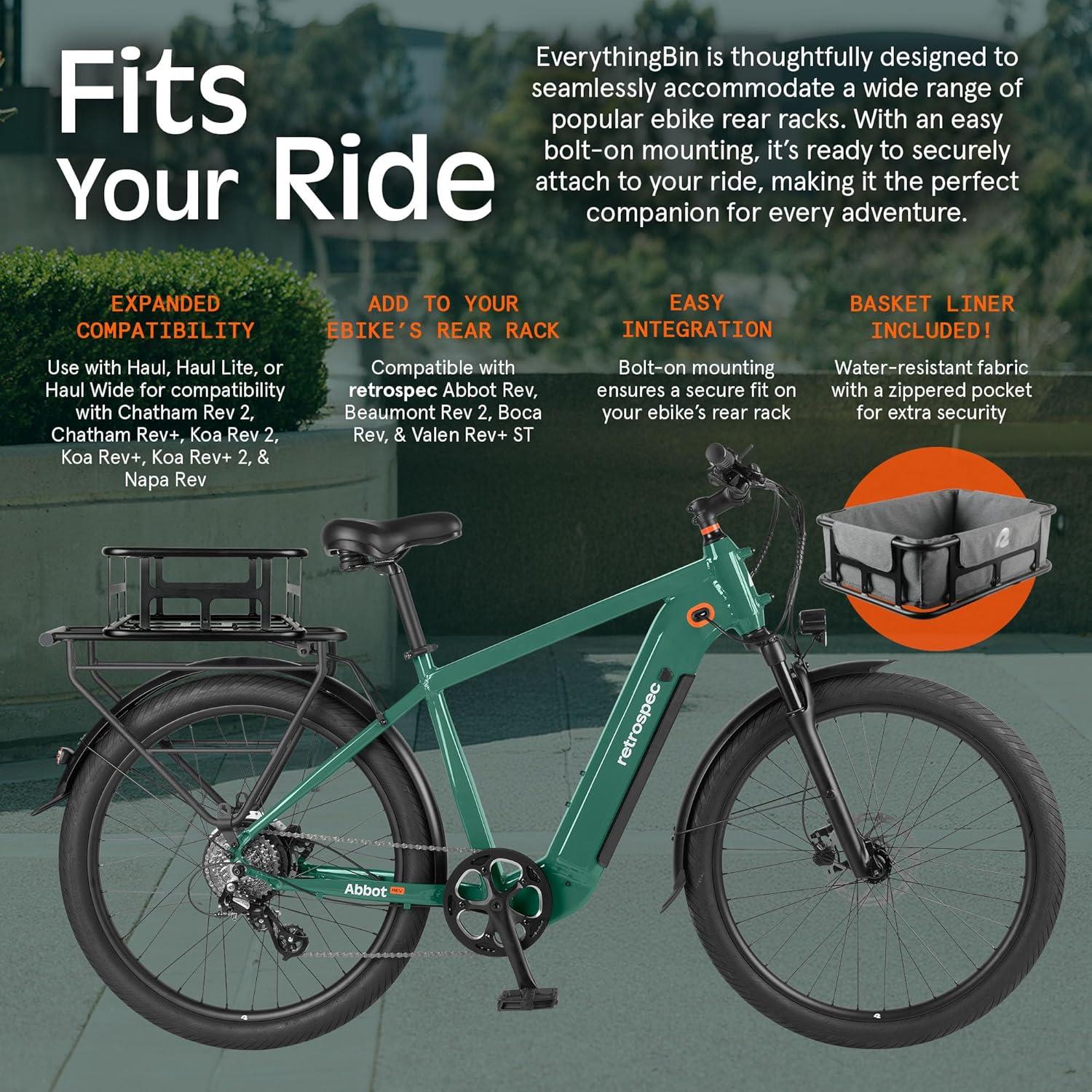 Retrospec EverythingBin Heavy-Duty Steel eBike Rear Basket with Water-Resistant Liner – Large Capacity Cargo Carrier for Electric Bikes (13x18x5.7)(With Liner)