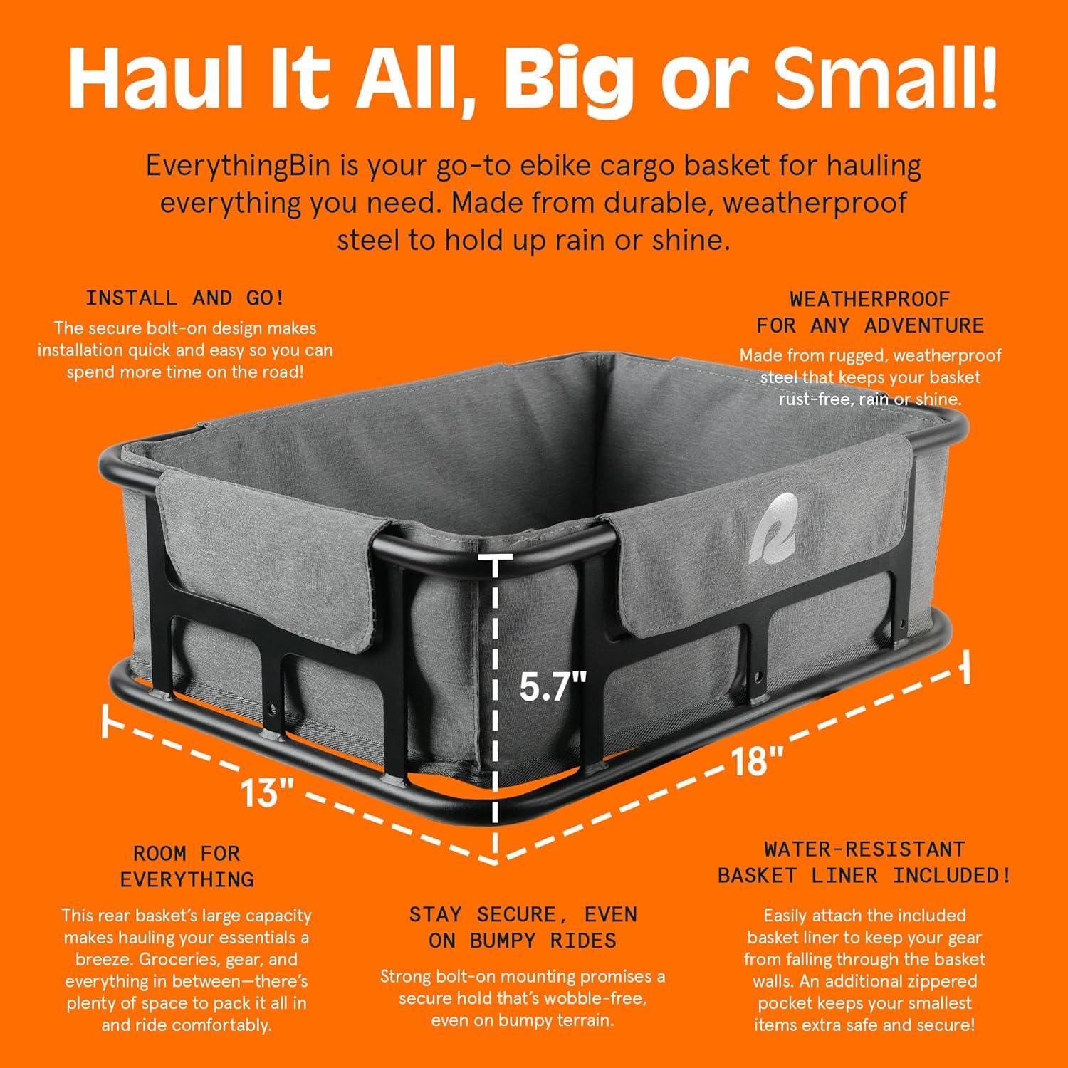 Retrospec EverythingBin Heavy-Duty Steel eBike Rear Basket with Water-Resistant Liner – Large Capacity Cargo Carrier for Electric Bikes (13x18x5.7)(With Liner)