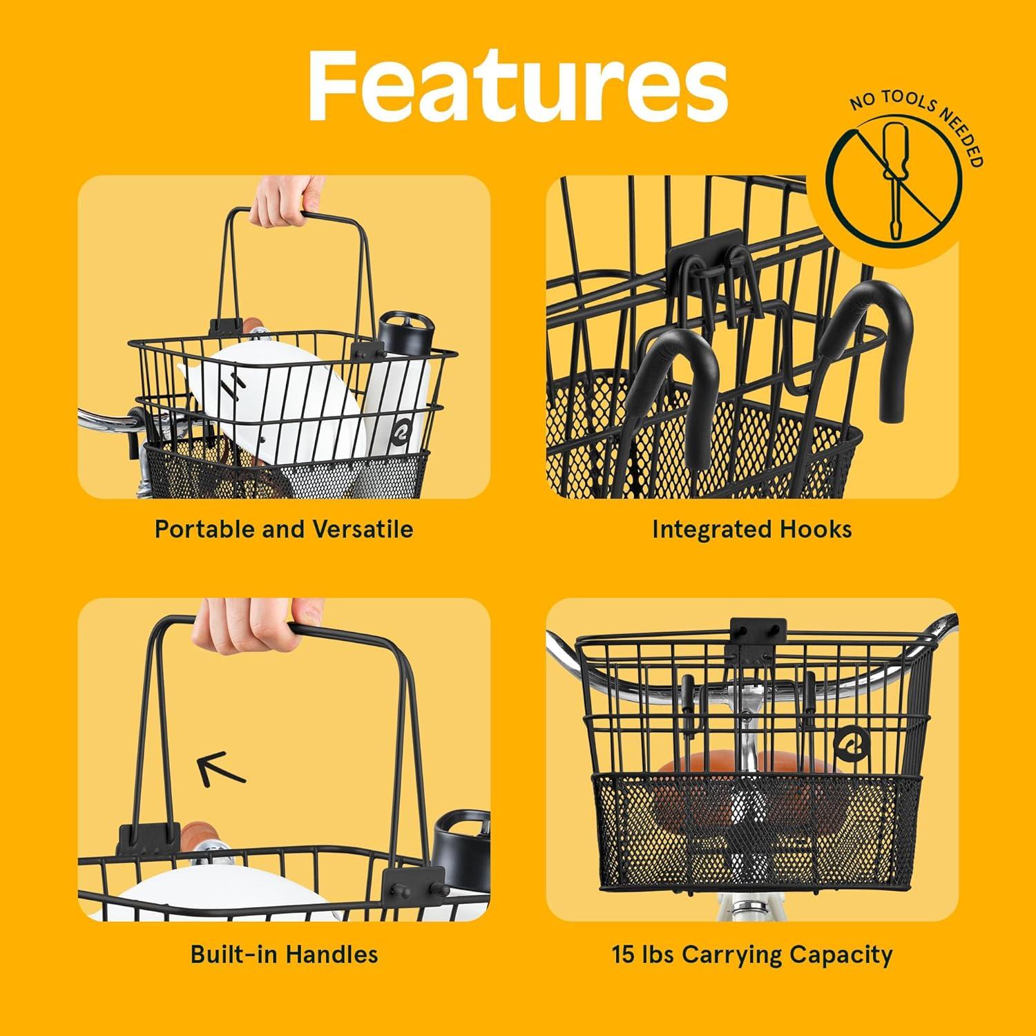 Retrospec Apollo Detachable Front Bike Basket Steel Half-Mesh with Integrated Detachable Hooks and Built-In Handle, Easy Assembly and Portability for Bicycles(Black)