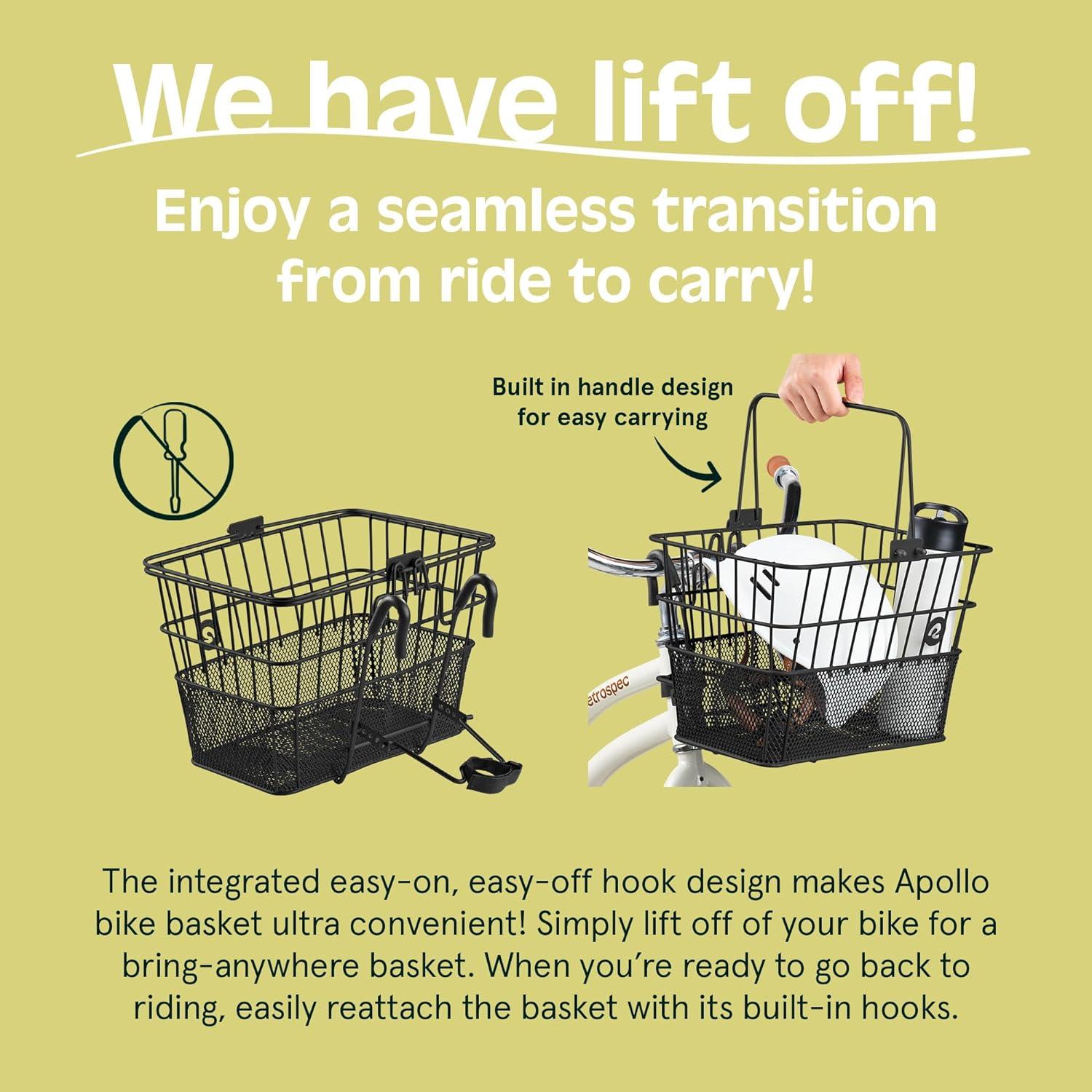 Retrospec Apollo Detachable Front Bike Basket Steel Half-Mesh with Integrated Detachable Hooks and Built-In Handle, Easy Assembly and Portability for Bicycles(Black)