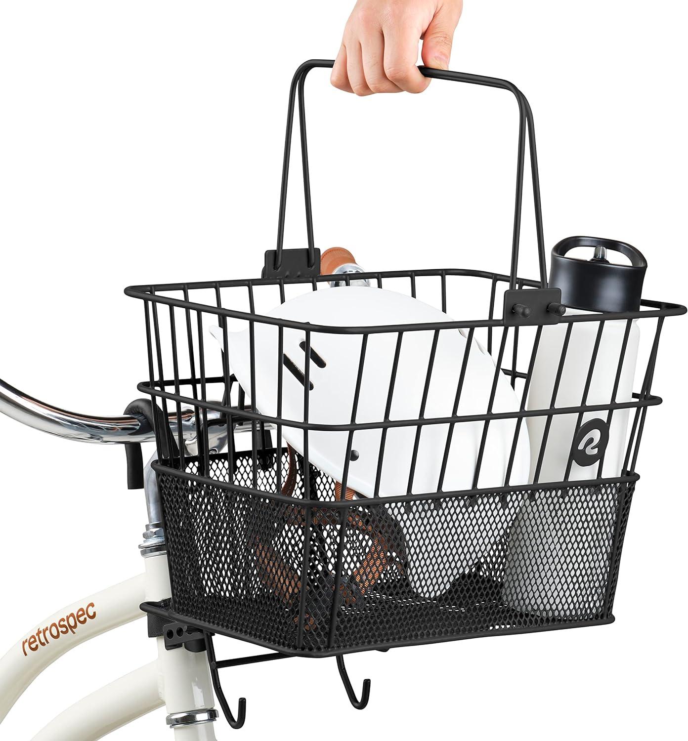 Retrospec Apollo Detachable Front Bike Basket Steel Half-Mesh with Integrated Detachable Hooks and Built-In Handle, Easy Assembly and Portability for Bicycles(Black)