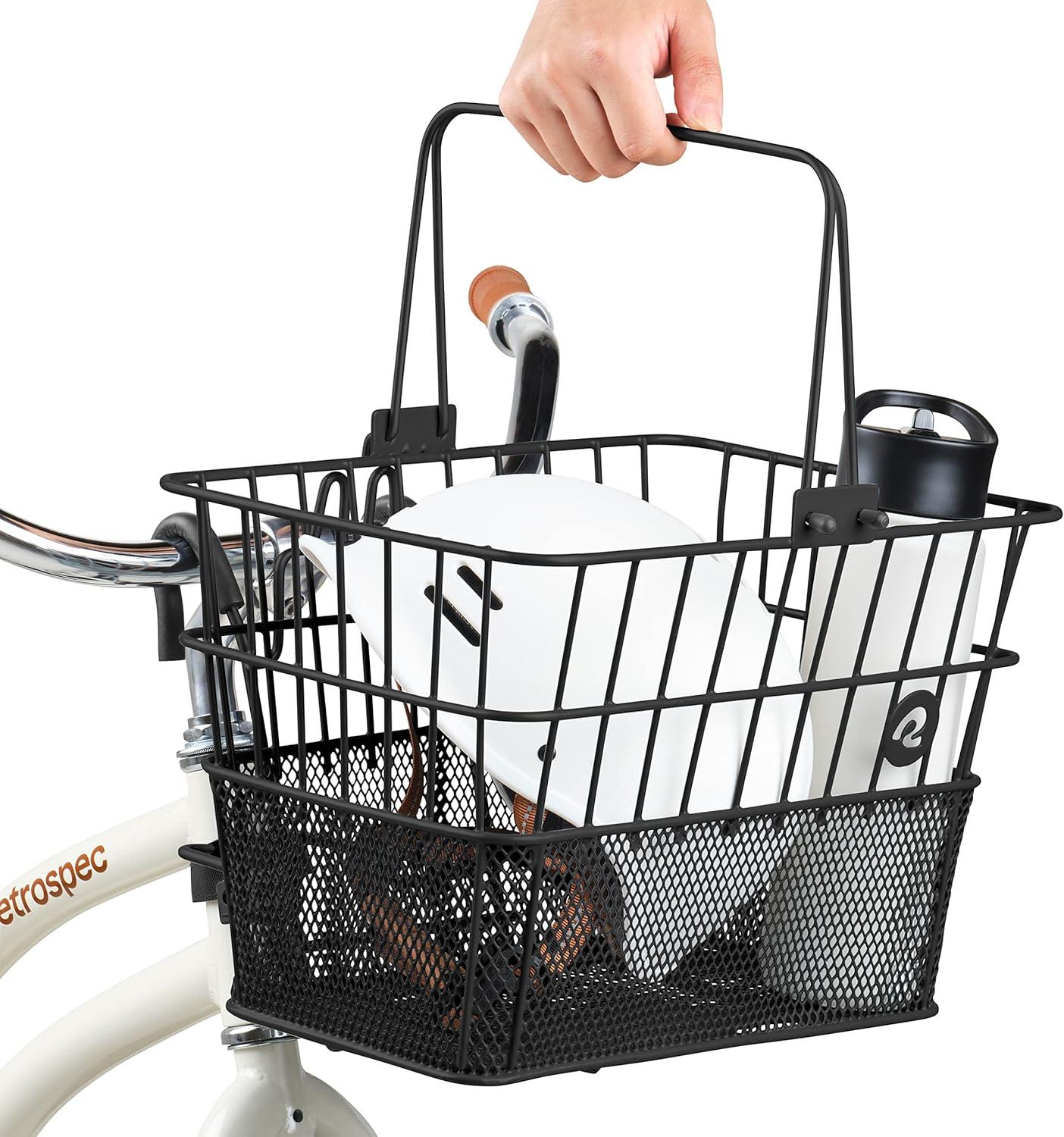 Retrospec Apollo Detachable Front Bike Basket Steel Half-Mesh with Integrated Detachable Hooks and Built-In Handle, Easy Assembly and Portability for Bicycles(Black)
