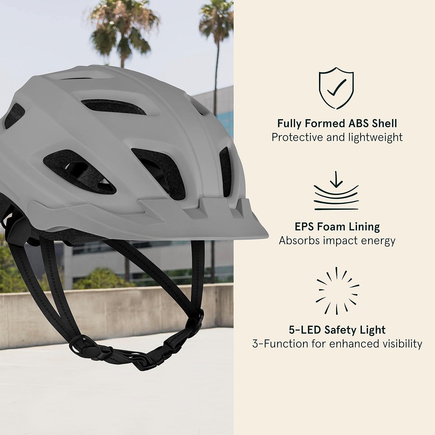 Retrospec Lennon Adult Bike Helmet with LED Safety Light Adjustable Dial & Removable Visor – Adjustable Bicycle Cycling Helmet for Men & Women(Matte Stone)