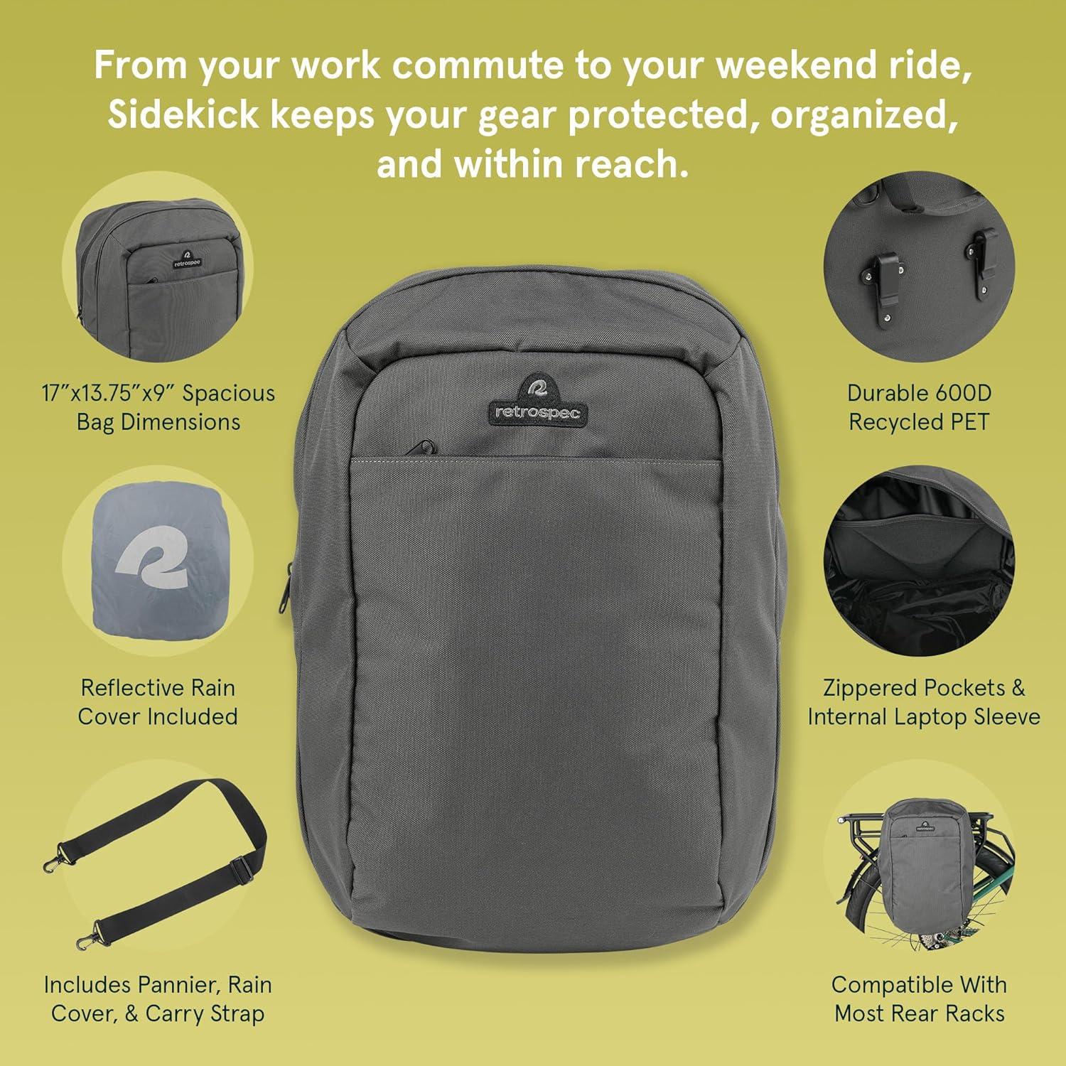 Retrospec Sidekick Single & Dual Pannier Bike Bag – Waterproof Commuter Pannier with Laptop Sleeve, Reflective Rain Cover & Carry Strap – Eco-Friendly 600D rPET – 17″ Large Capacity(Single)