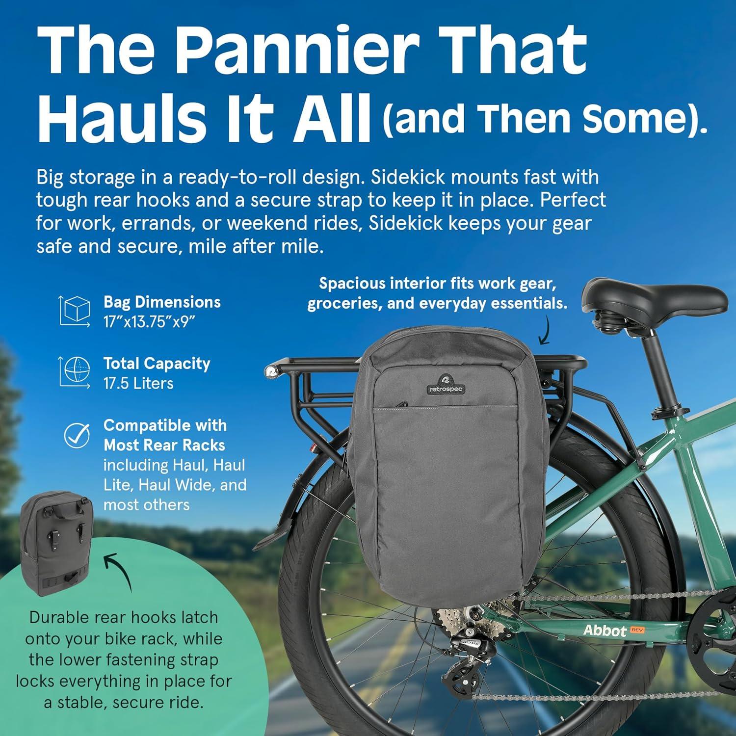 Retrospec Sidekick Single & Dual Pannier Bike Bag – Waterproof Commuter Pannier with Laptop Sleeve, Reflective Rain Cover & Carry Strap – Eco-Friendly 600D rPET – 17″ Large Capacity(Single)