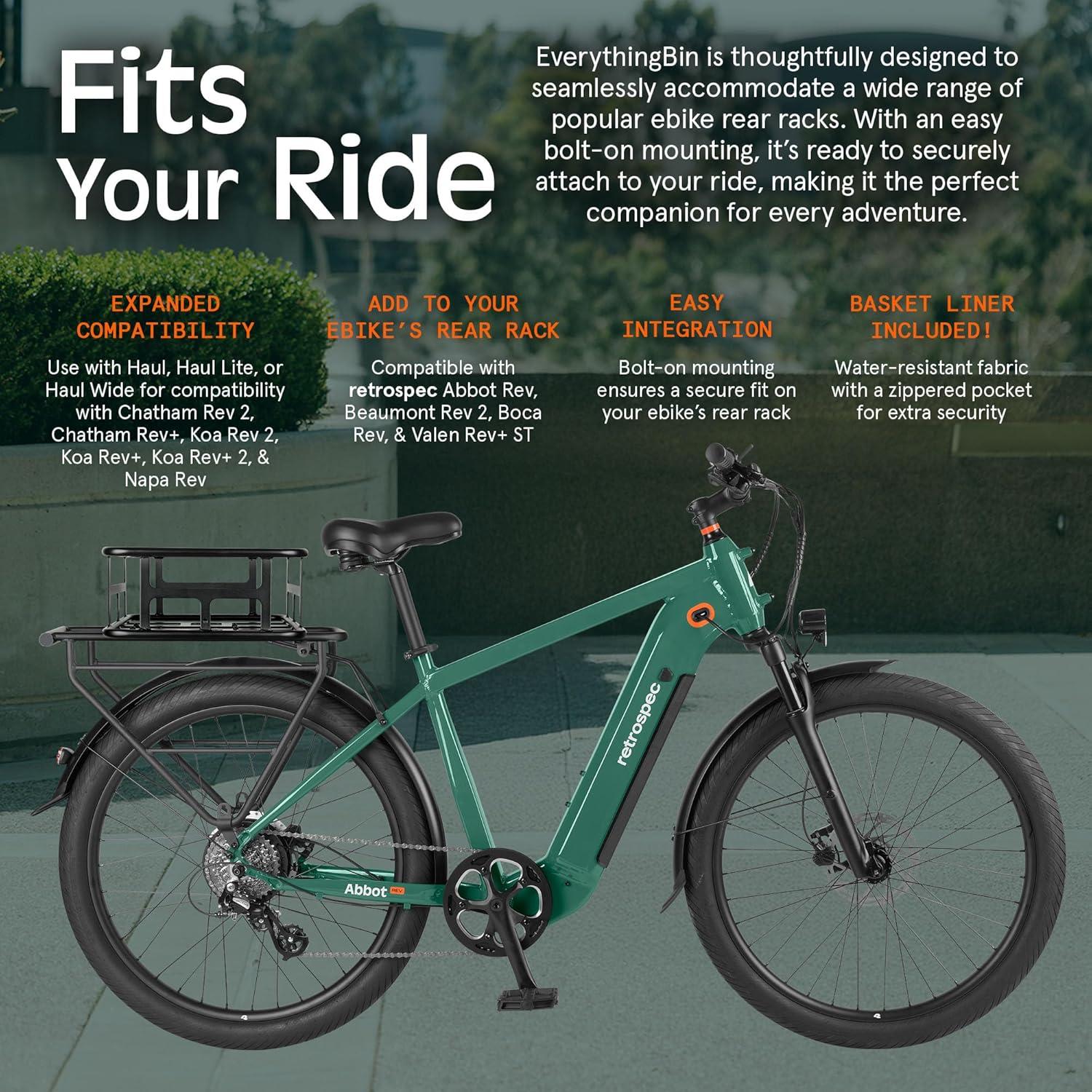 Retrospec EverythingBin Heavy-Duty Steel eBike Rear Basket with Water-Resistant Liner – Large Capacity Cargo Carrier for Electric Bikes (13x18x5.7)(No Liner)