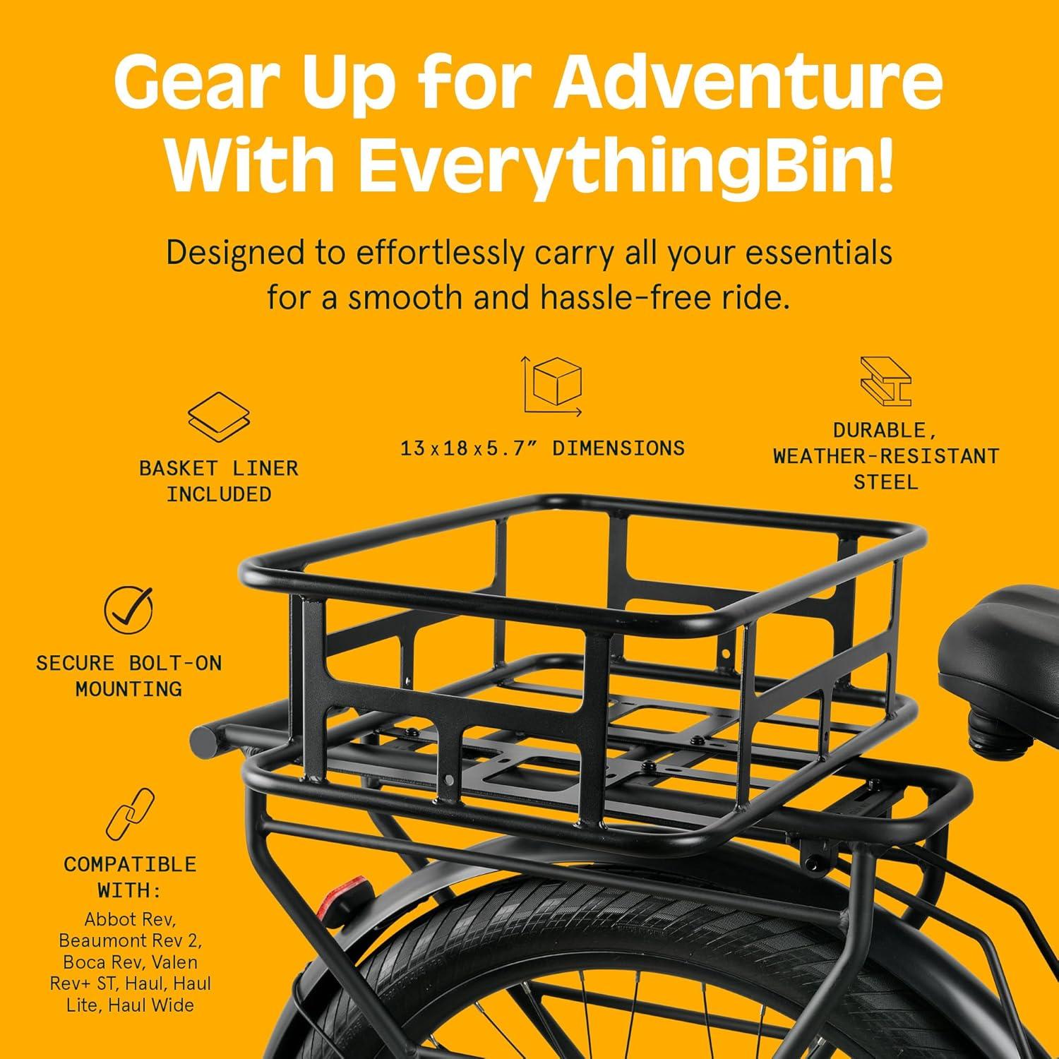 Retrospec EverythingBin Heavy-Duty Steel eBike Rear Basket with Water-Resistant Liner – Large Capacity Cargo Carrier for Electric Bikes (13x18x5.7)(No Liner)
