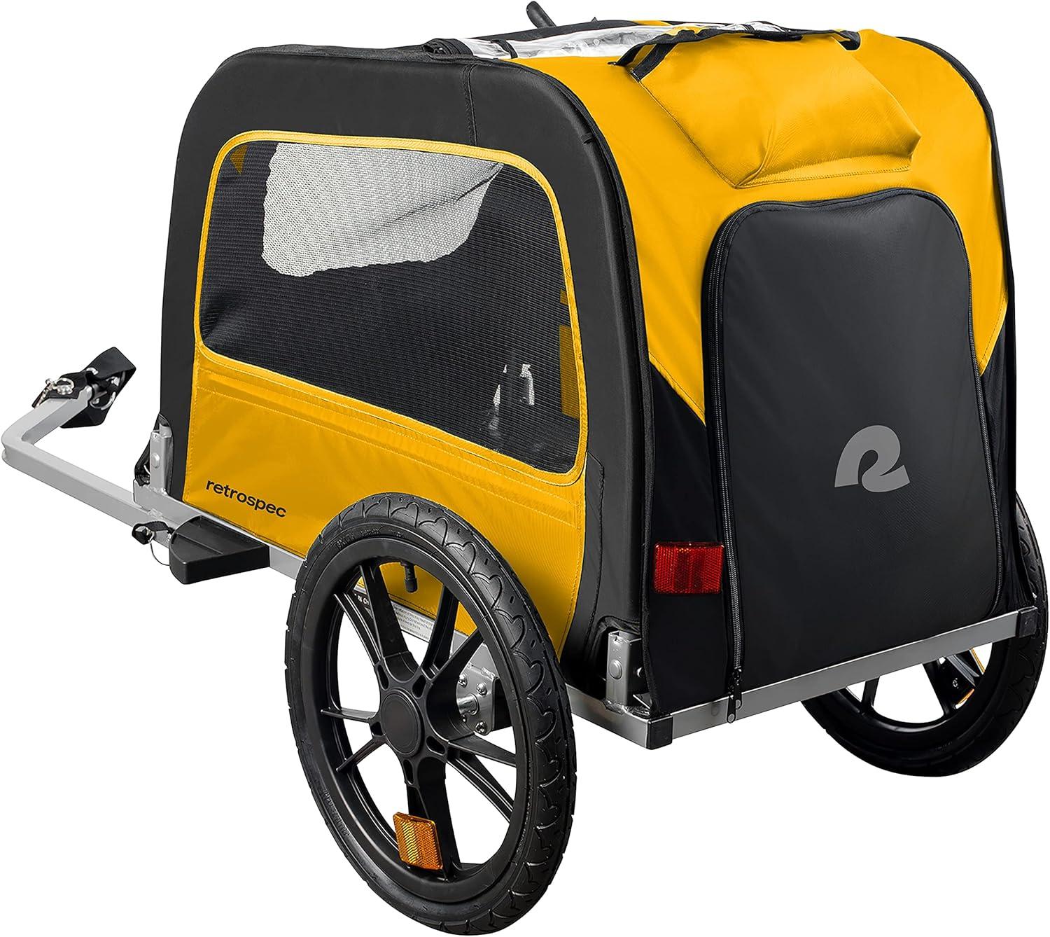 Retrospec Rover Waggin’ Pet and Dog Bike Trailer with Weather-Resistant Canopy & Mesh Shield – Foldable Frame, 16in Wheels with Storage Pouch & Internal Safety Leash Supports up to 50 lbs(Sun)