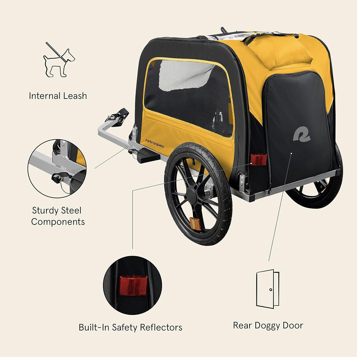 Retrospec Rover Waggin’ Pet and Dog Bike Trailer with Weather-Resistant Canopy & Mesh Shield – Foldable Frame, 16in Wheels with Storage Pouch & Internal Safety Leash Supports up to 50 lbs(Sun)