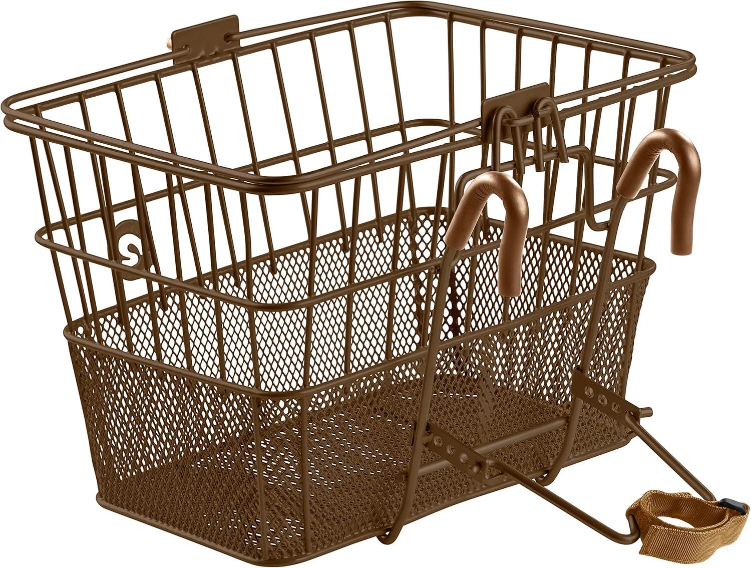 Retrospec Apollo Detachable Front Bike Basket Steel Half-Mesh with Integrated Detachable Hooks and Built-In Handle, Easy Assembly and Portability for Bicycles(Brown)