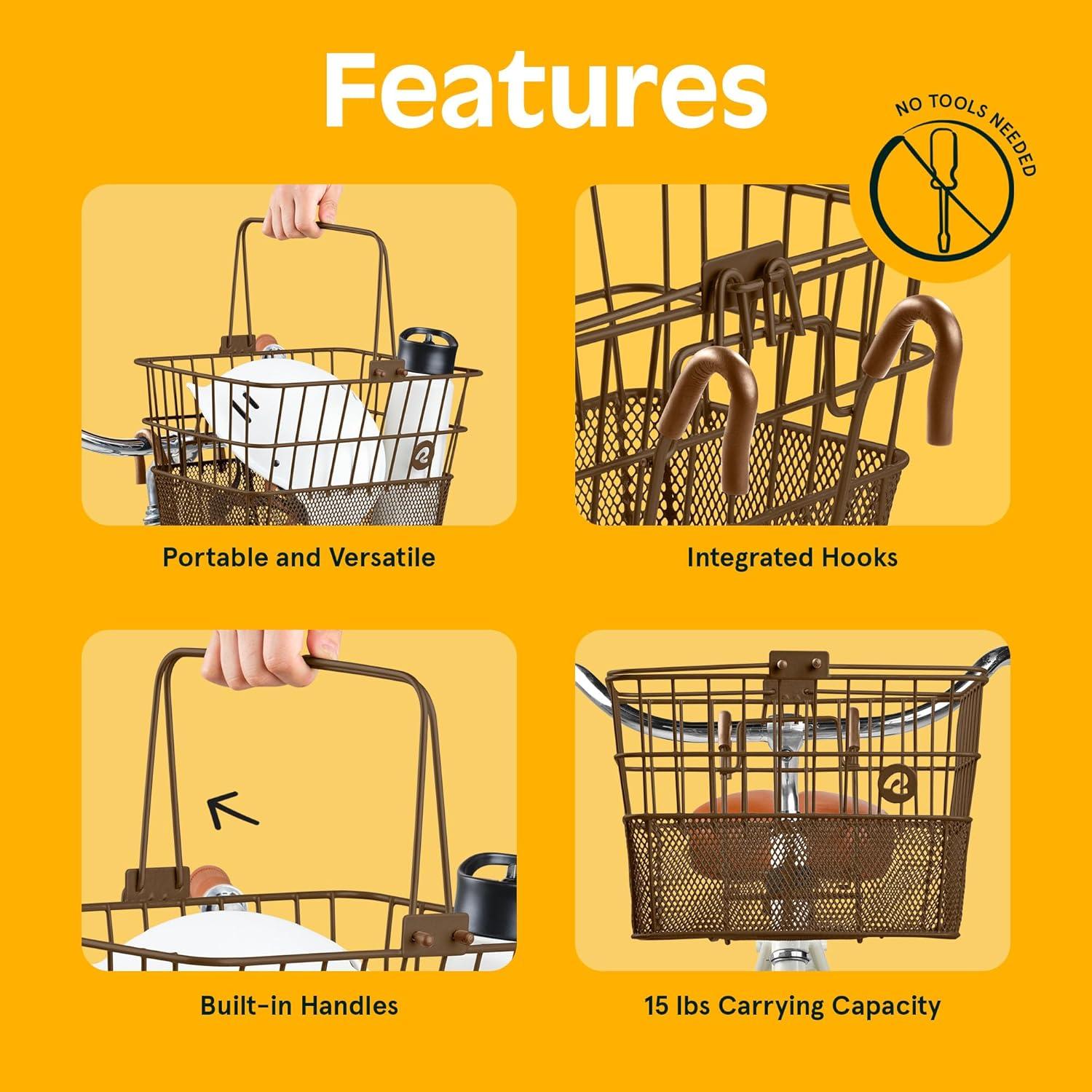Retrospec Apollo Detachable Front Bike Basket Steel Half-Mesh with Integrated Detachable Hooks and Built-In Handle, Easy Assembly and Portability for Bicycles(Brown)