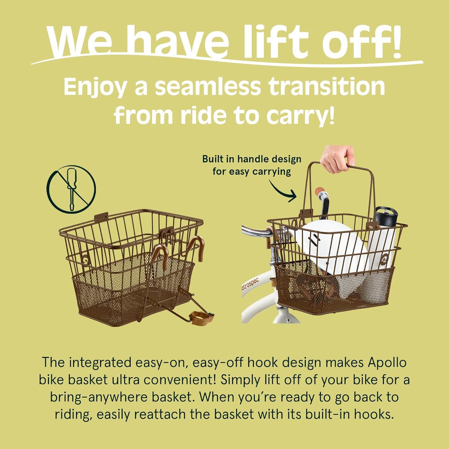 Retrospec Apollo Detachable Front Bike Basket Steel Half-Mesh with Integrated Detachable Hooks and Built-In Handle, Easy Assembly and Portability for Bicycles(Brown)