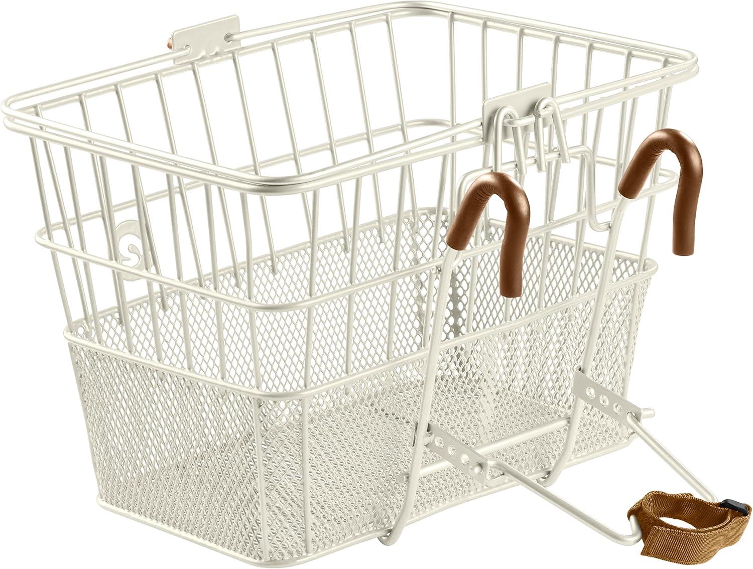Retrospec Apollo Detachable Front Bike Basket Steel Half-Mesh with Integrated Detachable Hooks and Built-In Handle, Easy Assembly and Portability for Bicycles(Eggshell)