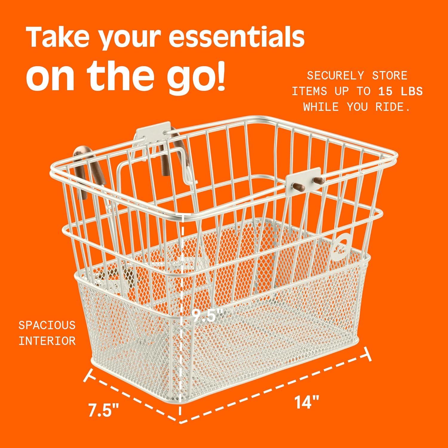 Retrospec Apollo Detachable Front Bike Basket Steel Half-Mesh with Integrated Detachable Hooks and Built-In Handle, Easy Assembly and Portability for Bicycles(Eggshell)