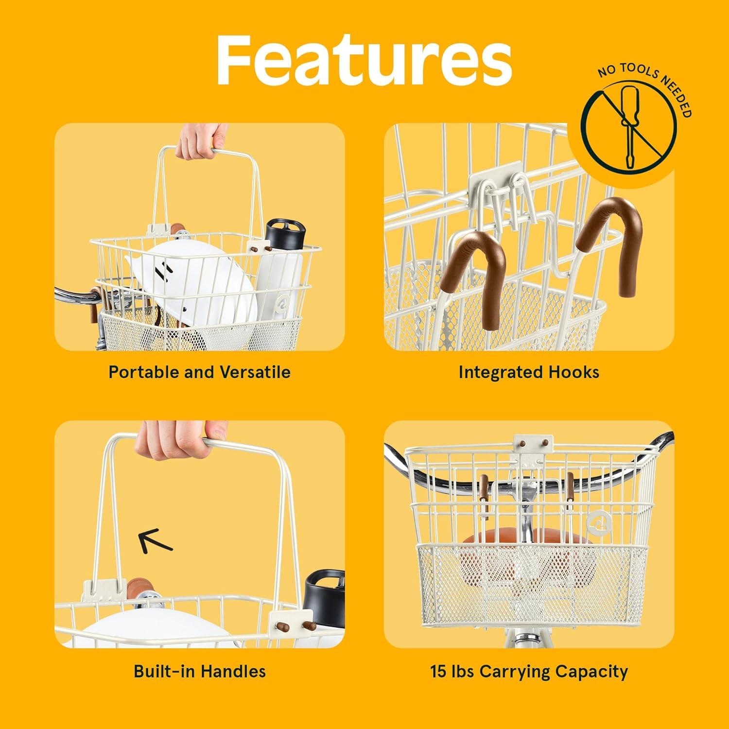 Retrospec Apollo Detachable Front Bike Basket Steel Half-Mesh with Integrated Detachable Hooks and Built-In Handle, Easy Assembly and Portability for Bicycles(Eggshell)