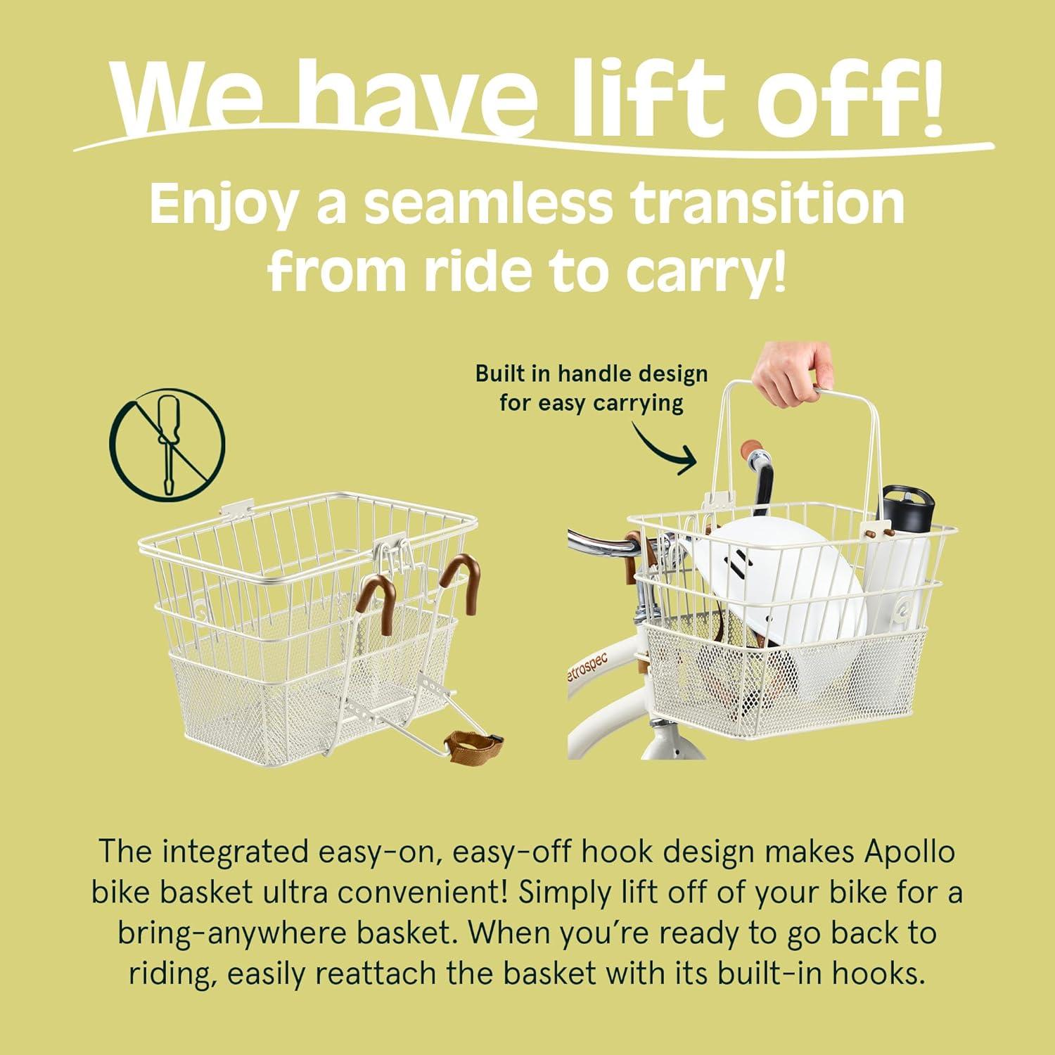 Retrospec Apollo Detachable Front Bike Basket Steel Half-Mesh with Integrated Detachable Hooks and Built-In Handle, Easy Assembly and Portability for Bicycles(Eggshell)