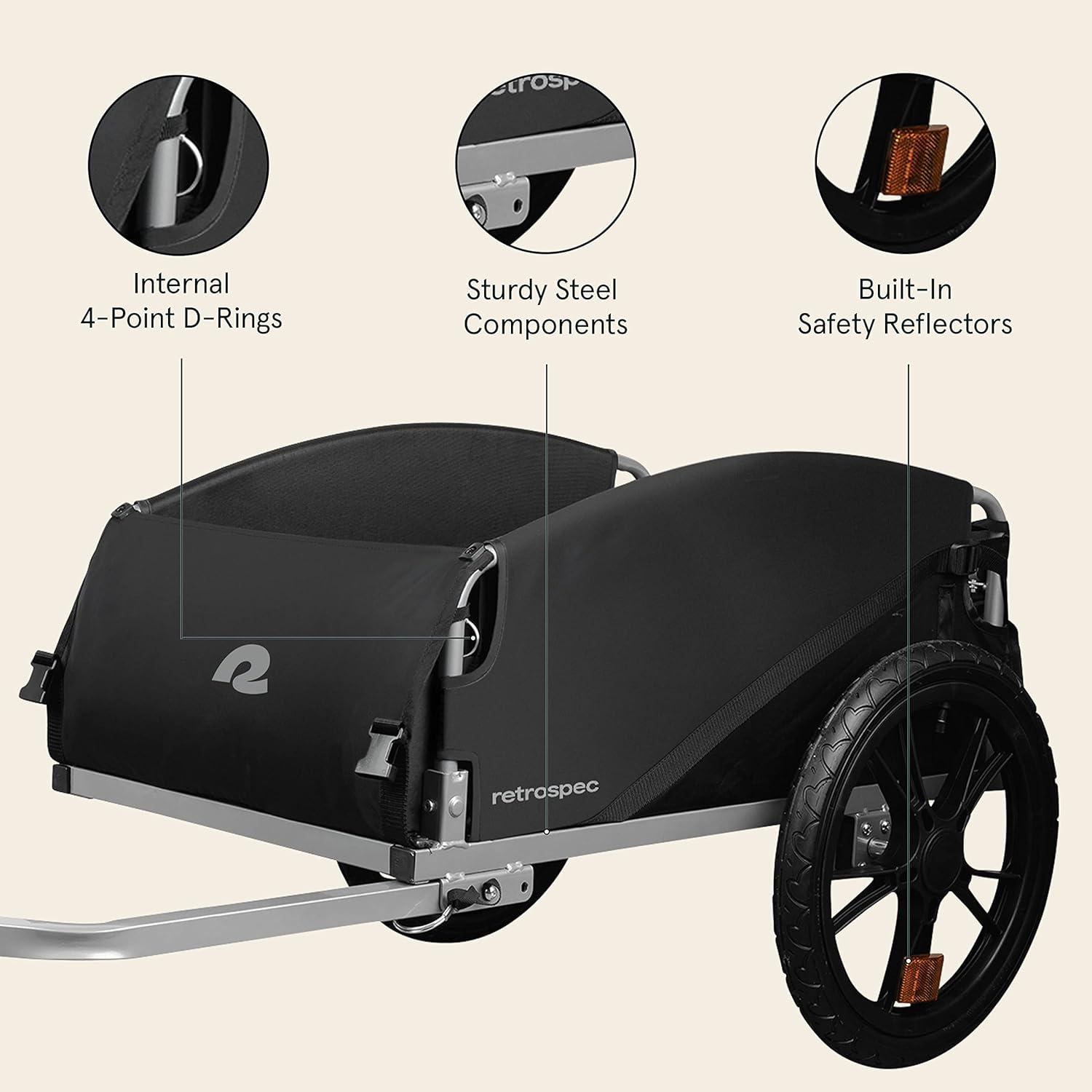 Retrospec Rover Hauler Bike Cargo Trailer – Foldable Frame with Weather-Resistant Fabric & 80lb Capacity – Universal Bike Trailer for 20-29in Wheels – Includes Safety Flag & D-Ring Anchors(Black)