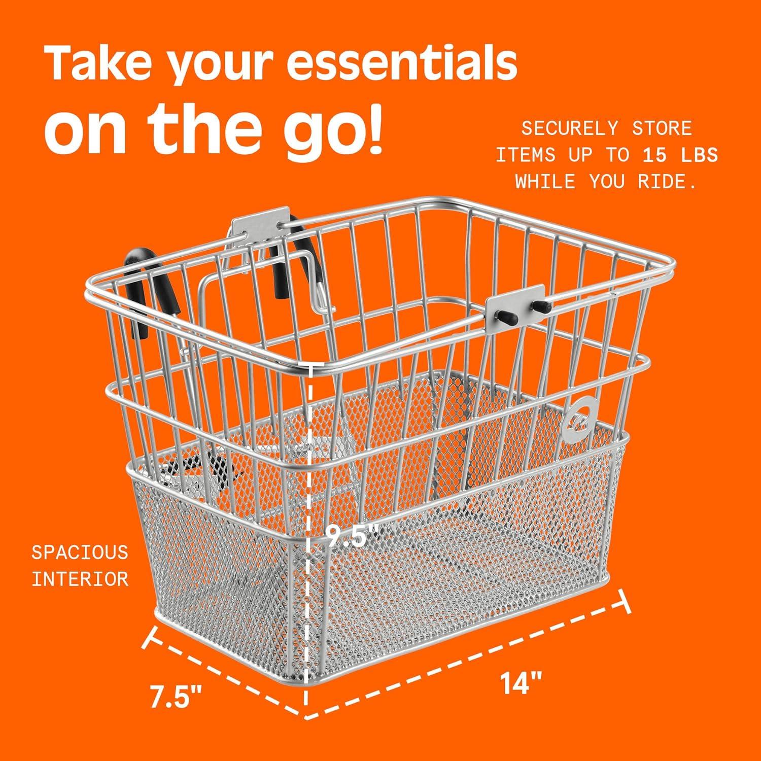 Retrospec Apollo Detachable Front Bike Basket Steel Half-Mesh with Integrated Detachable Hooks and Built-In Handle, Easy Assembly and Portability for Bicycles(Silver)