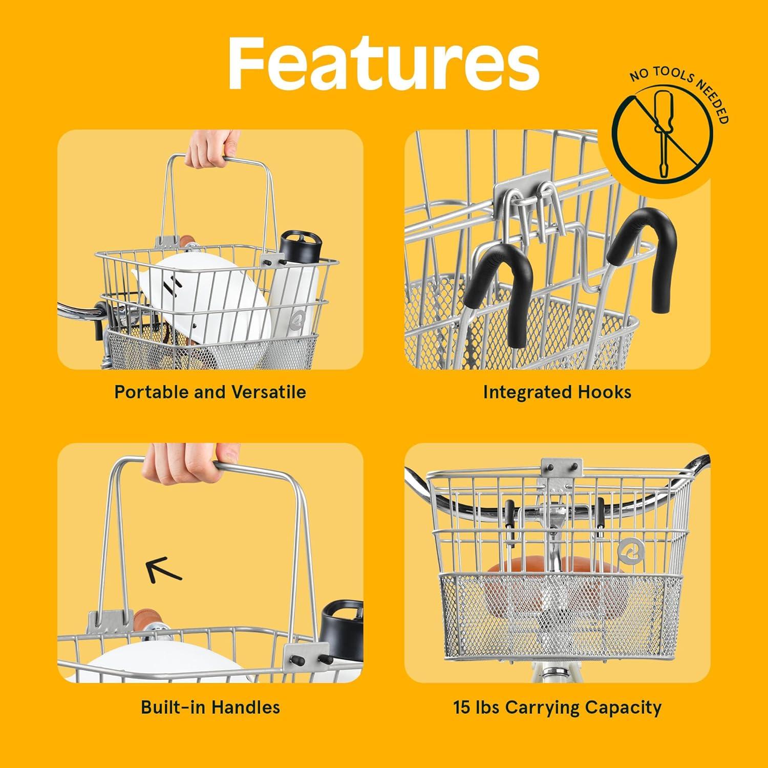 Retrospec Apollo Detachable Front Bike Basket Steel Half-Mesh with Integrated Detachable Hooks and Built-In Handle, Easy Assembly and Portability for Bicycles(Silver)