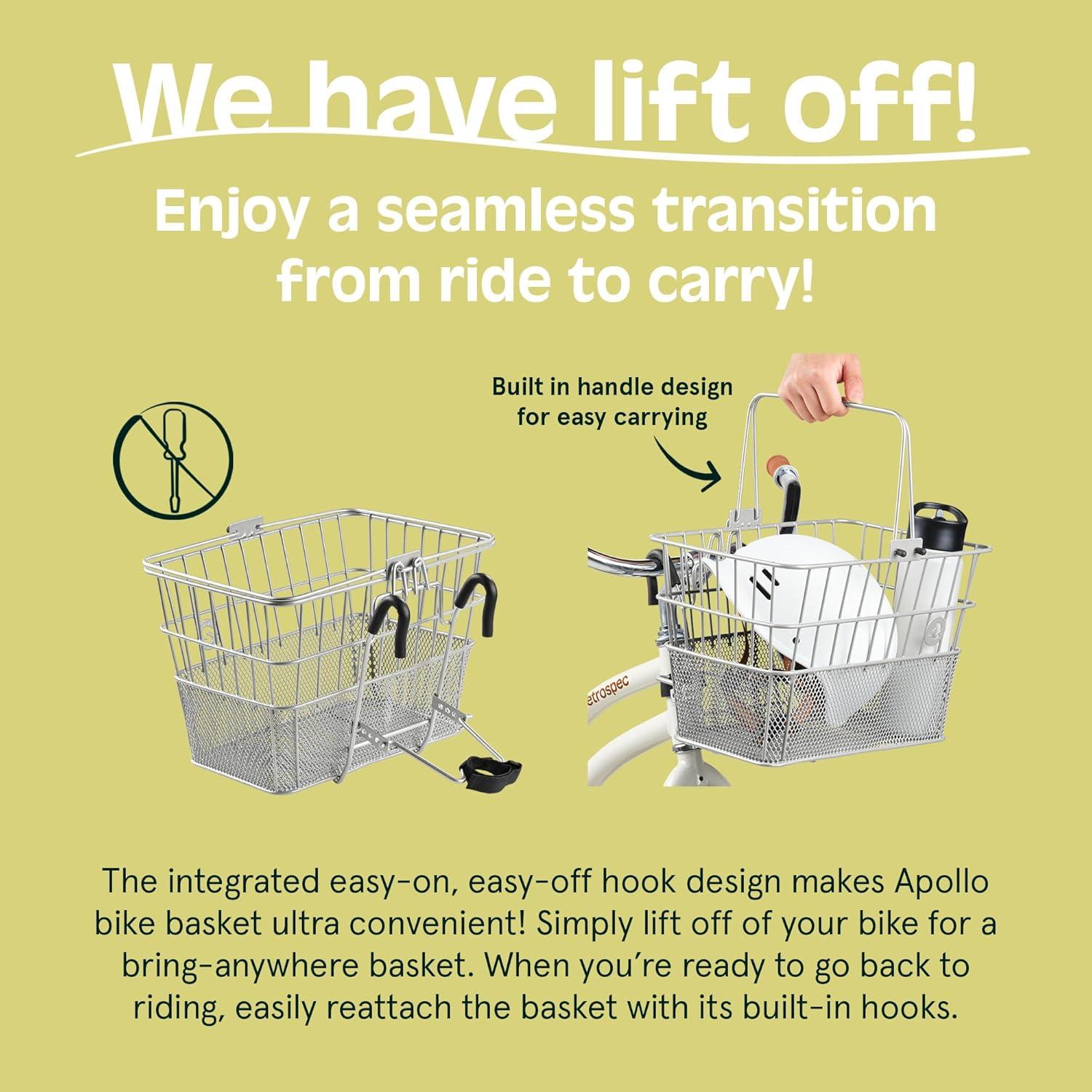 Retrospec Apollo Detachable Front Bike Basket Steel Half-Mesh with Integrated Detachable Hooks and Built-In Handle, Easy Assembly and Portability for Bicycles(Silver)