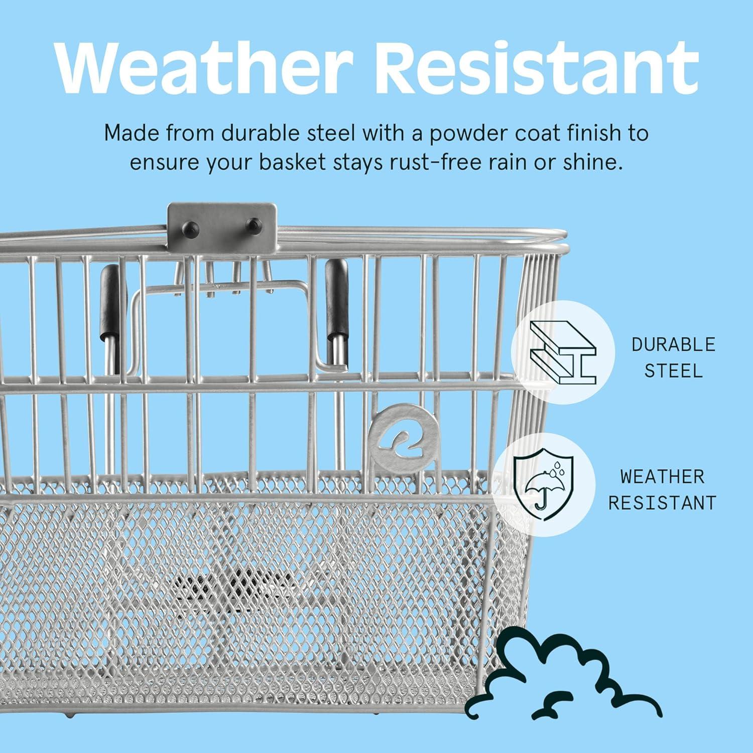 Retrospec Apollo Detachable Front Bike Basket Steel Half-Mesh with Integrated Detachable Hooks and Built-In Handle, Easy Assembly and Portability for Bicycles(Silver)