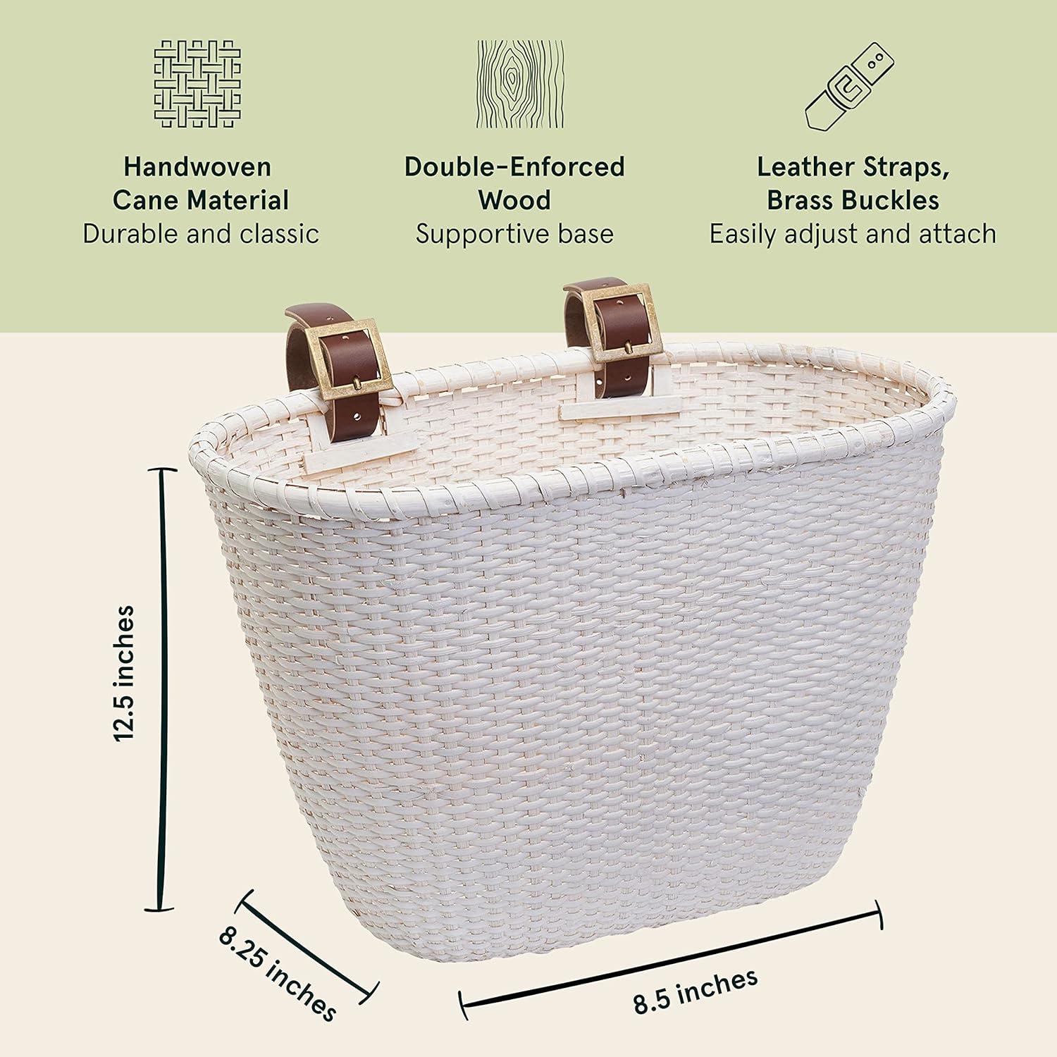 Retrospec Cane Woven Oval Dreamcatcher Basket with Authentic Leather Straps & Brass Buckles(White)