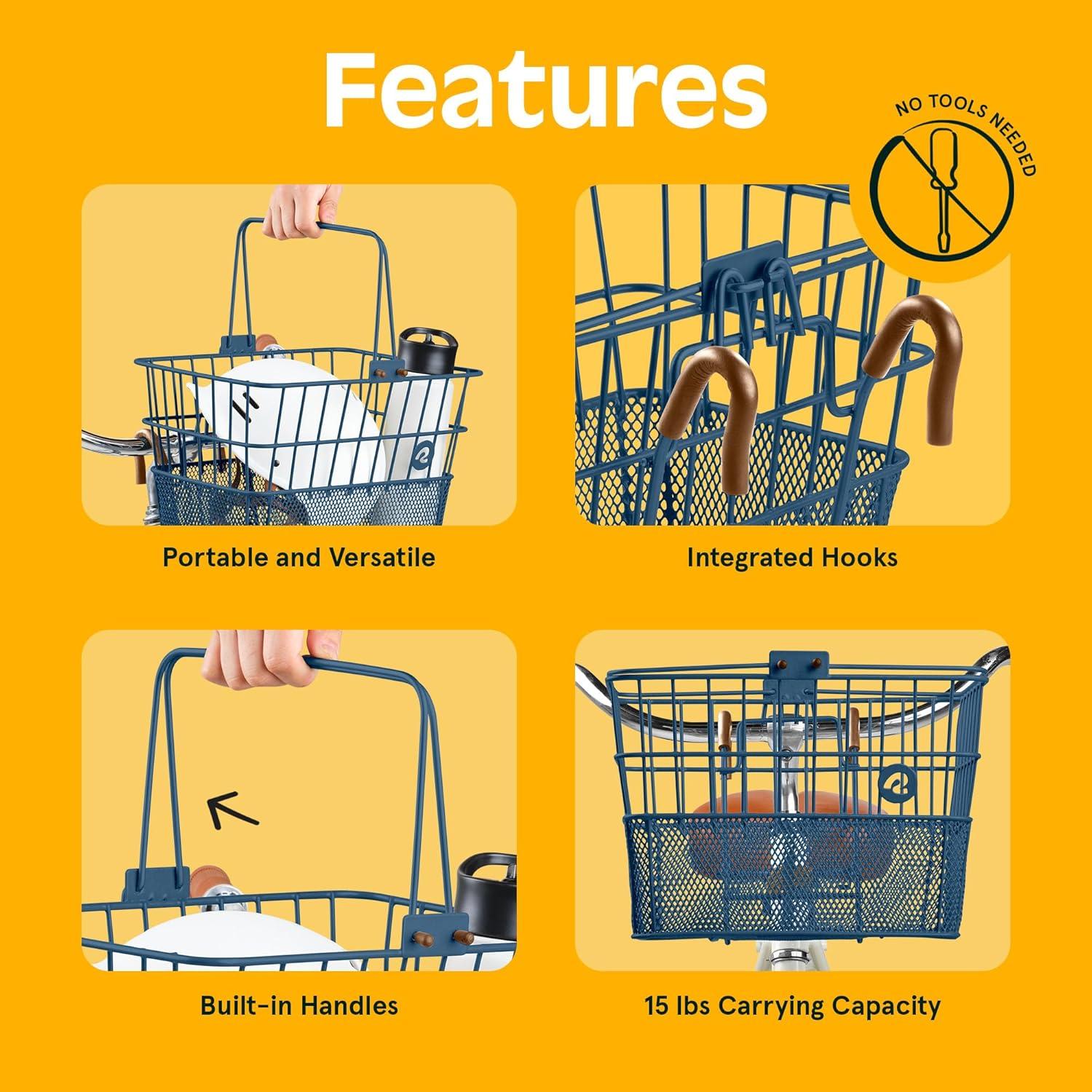 Retrospec Apollo Detachable Front Bike Basket Steel Half-Mesh with Integrated Detachable Hooks and Built-In Handle, Easy Assembly and Portability for Bicycles(Navy)
