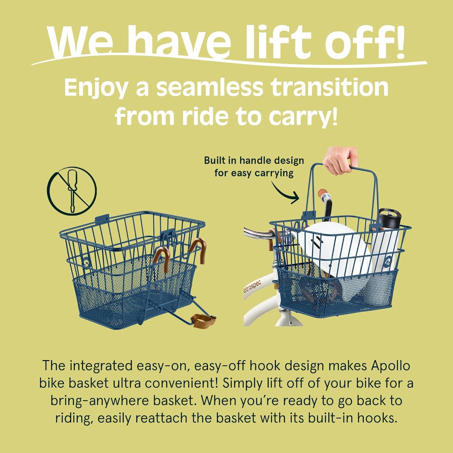 Retrospec Apollo Detachable Front Bike Basket Steel Half-Mesh with Integrated Detachable Hooks and Built-In Handle, Easy Assembly and Portability for Bicycles(Navy)