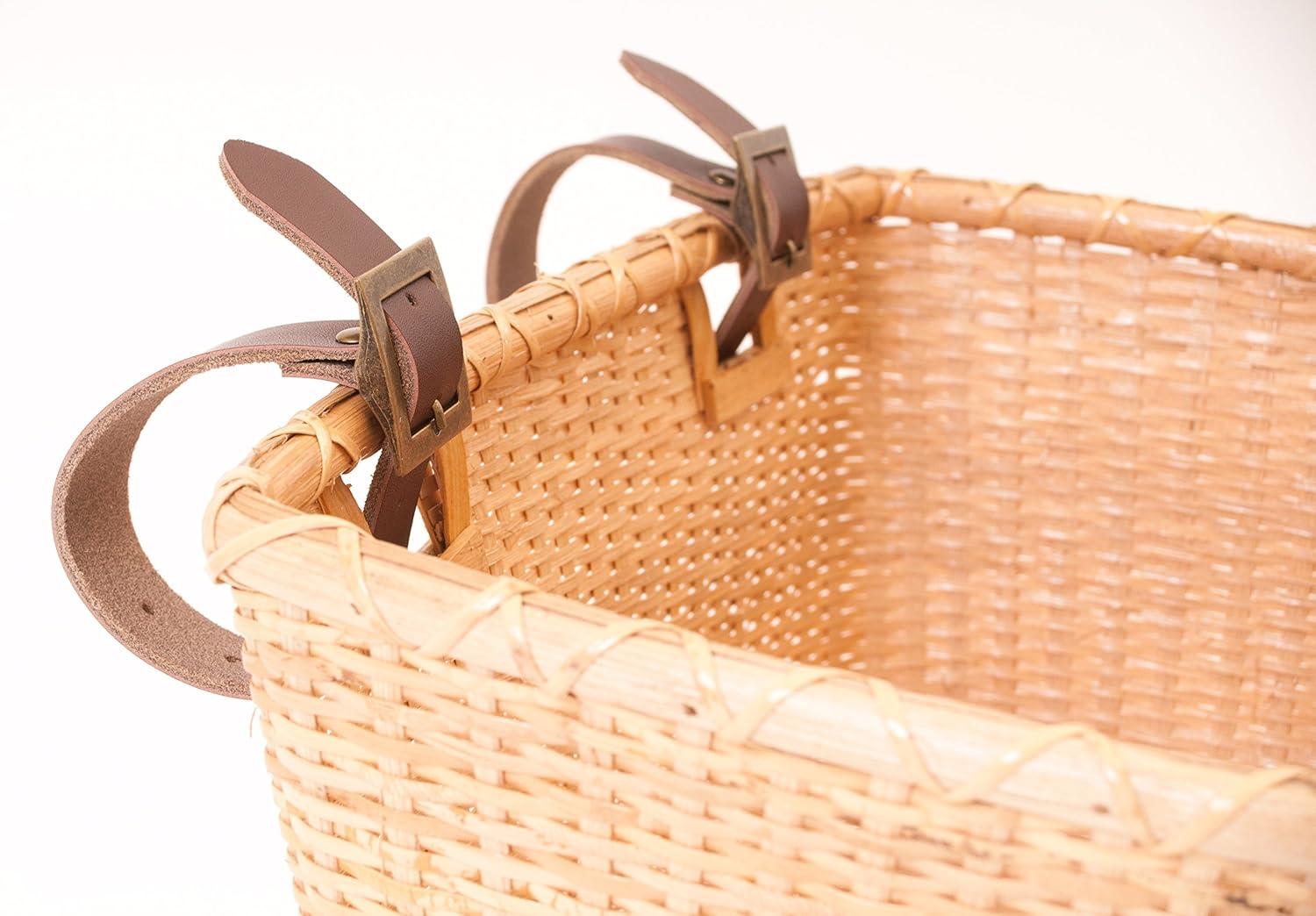 Cane Woven Rectangular Toto Basket with Authentic Leather Straps and Brass Buckles(Natural)