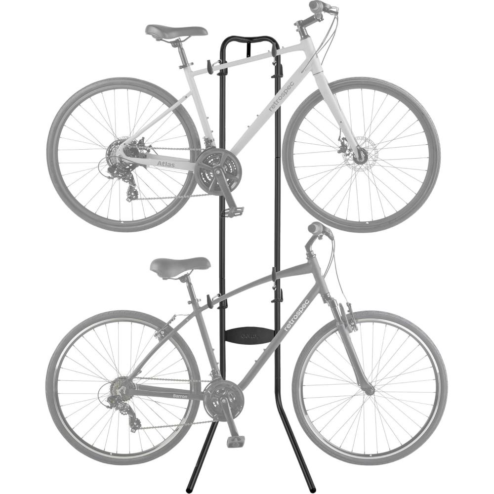 Retrospec Double Decker Vertical Garage Bike Rack – Free Standing Floor Storage Stand for 2 Bikes, 80lb Capacity, No Drilling Required – Adjustable Arms & Rubber Bumpers(Black)