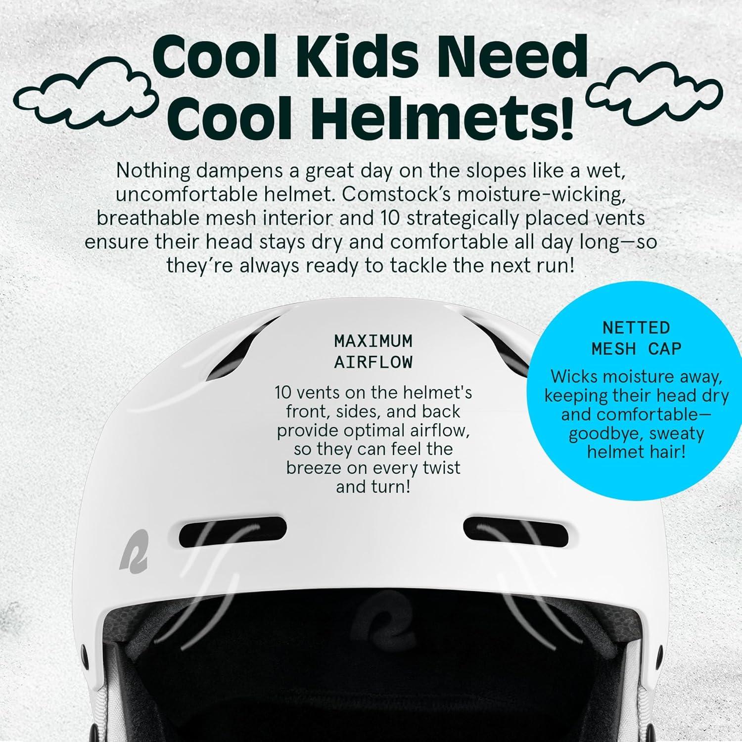 Comstock Kids Ski & Snowboard Helmet with ABS Shell, EPS Impact Protection & 10 Cooling Vents – Adjustable Winter Sports Gear, Goggle Clip(Matte White)