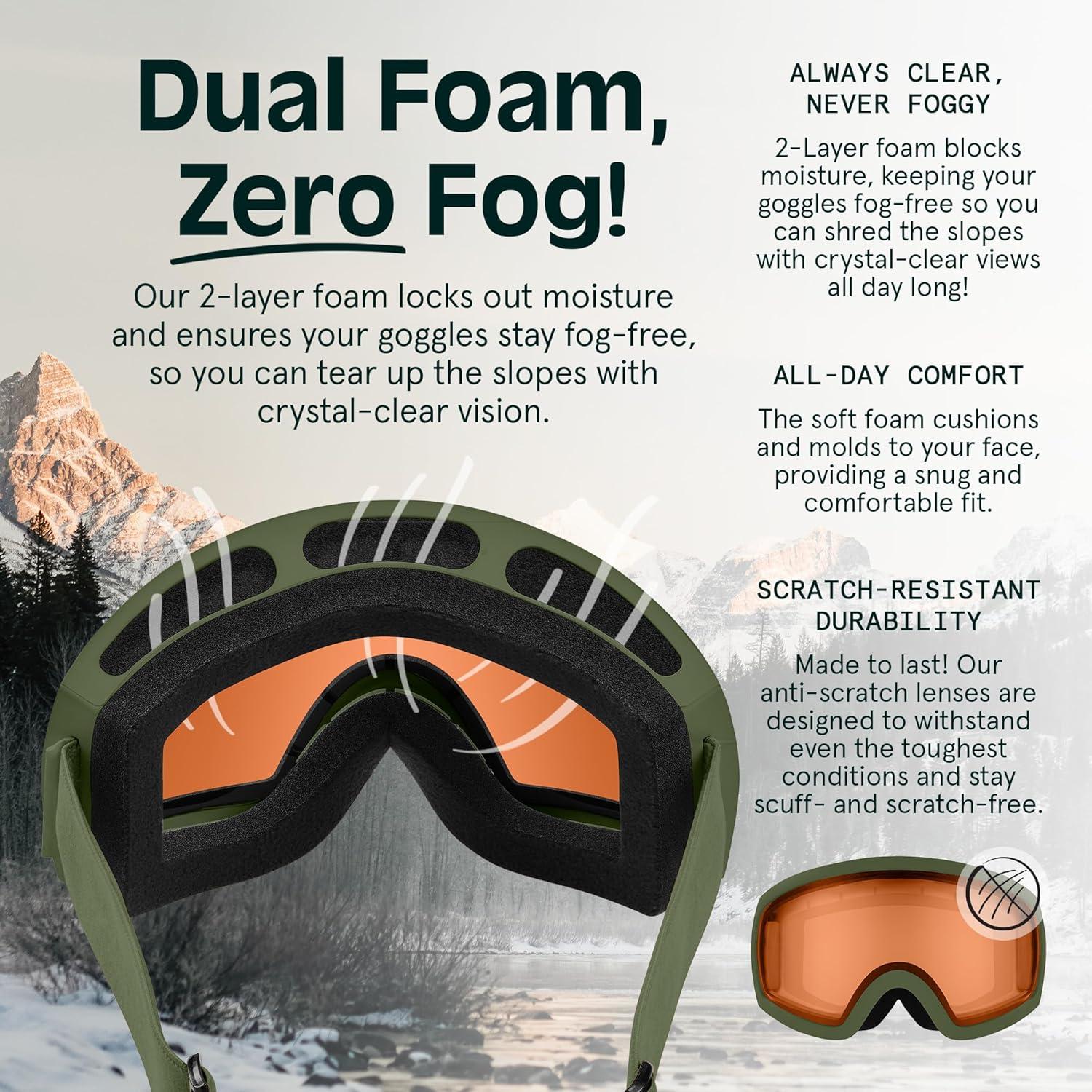 Retrospec Traverse Ski Goggles – Snowboard Goggles for Men, Women – 100% UV Protection, Anti-Fog Snow Goggles(Matte Forest/Citrine)