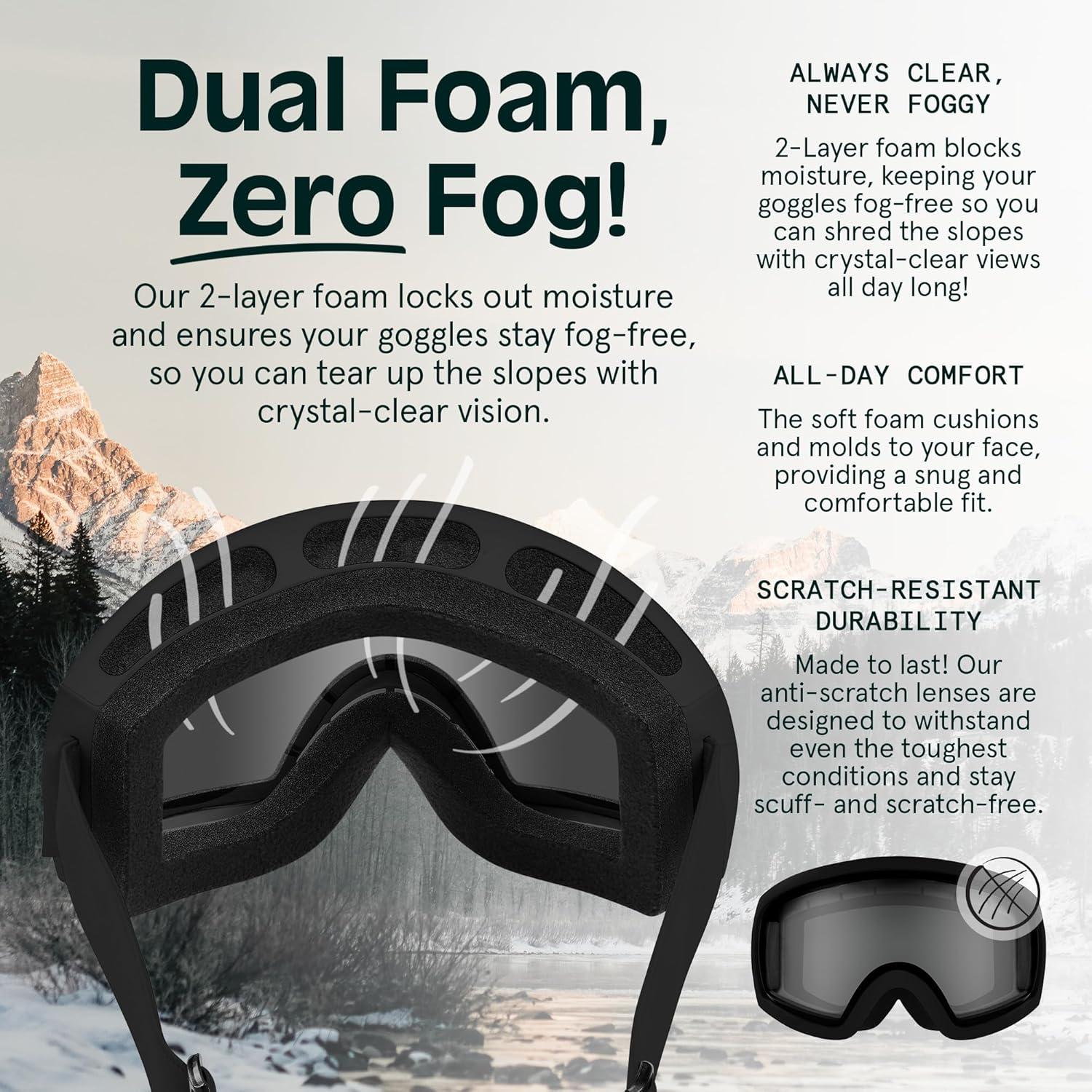 Retrospec Traverse Ski Goggles – Snowboard Goggles for Men, Women – 100% UV Protection, Anti-Fog Snow Goggles(Matte Black/Stone)
