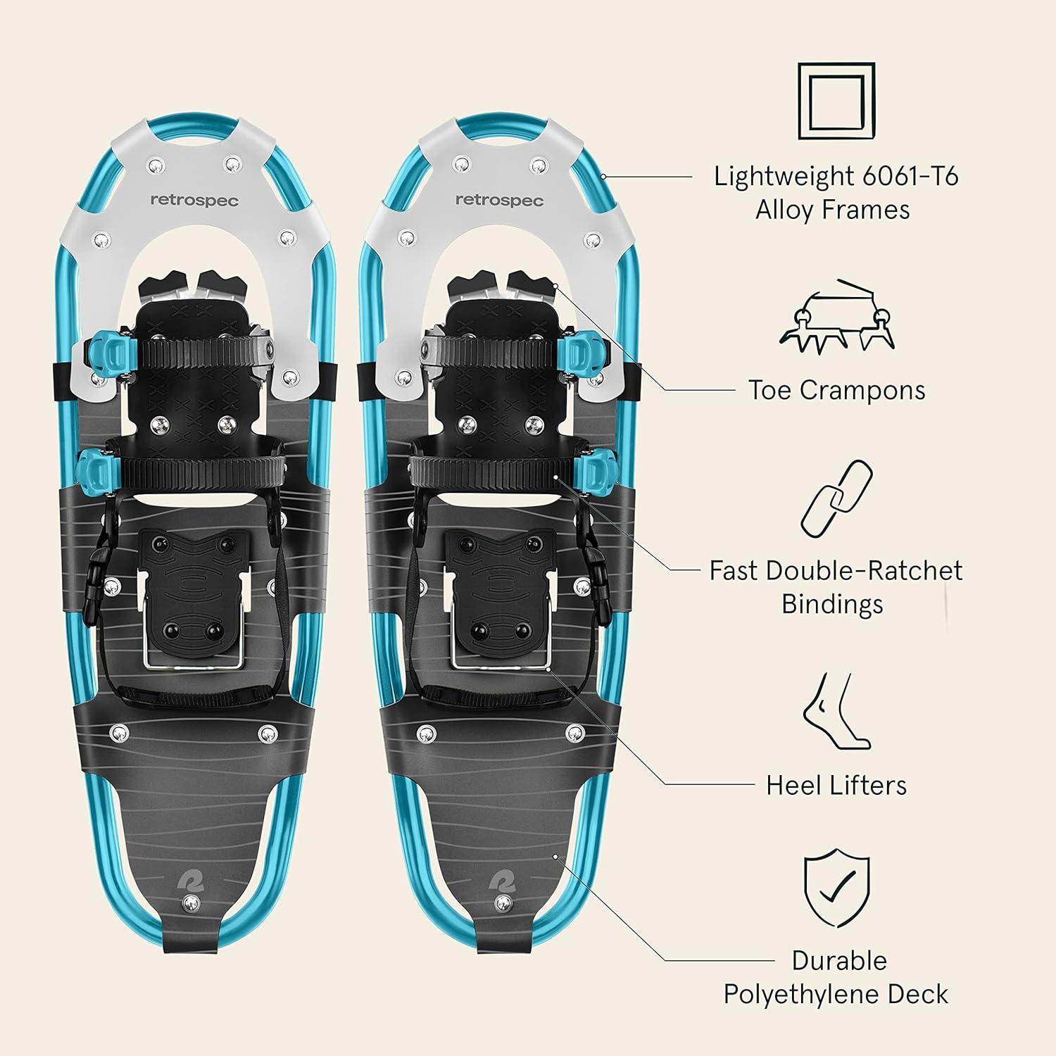 Retrospec Drifter Snowshoes for Women & Men – Lightweight Aluminum Frame Snow Shoes with Double Ratchet Binding System, Heel Lifts & Carry Bag for All Terrain Hiking & Winter Sports(Ice Cap)